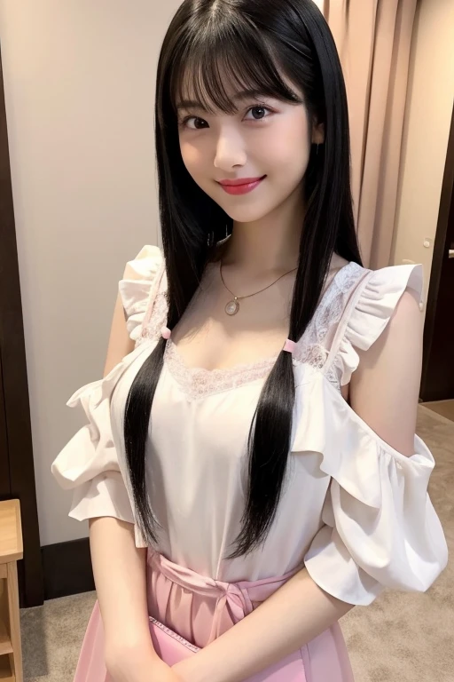 Melhor qualidade, , black hair, long hair, baby face, pequena, linda, sorrindo, em casa, corpo todo, nova, peito pequeno, mostrando o peito, Messy hair, mostrando o corpo, luz real, realista, bem detalhado, good lighting environment, abajour, dress with bow, vestido curto, hose,