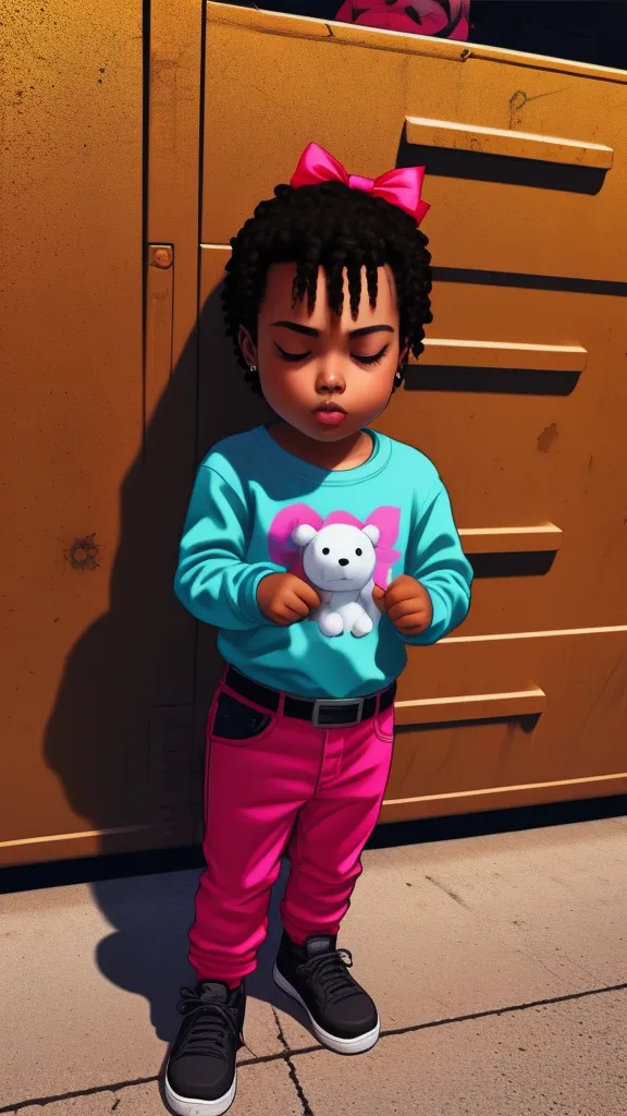 ((3D, best quality: 1.3)), ultra-detailed, SK, ((((solo))), full body, (close-up of a 5-year-old baby ((afro-futuristic)): 1;15), casual wearing, current fashion, black t-shirt short, (((white shoes)))), (short kanekalon hair; 1.15), (well-defined symmetrical face, screaming expression: 1.12), autumn, floas in the wind, warm and soft dark luminosity, motion blur, magnificent blue sky,