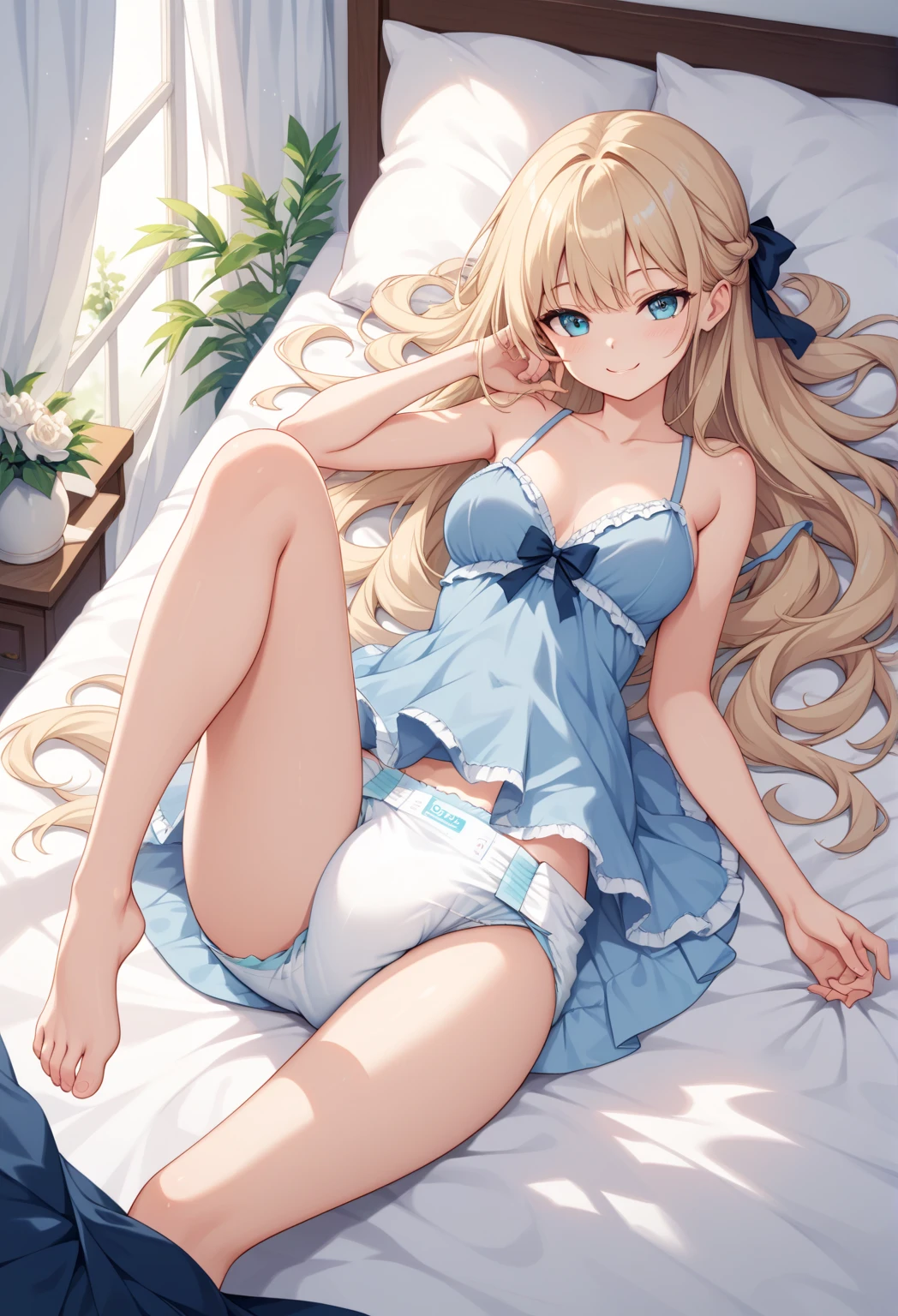 a pregirl,Thin leg,white skinned,Tall guy,A ball head,on top of the bed,Body details are evident,Bigchest, Expose the soles of your feet,{{Large bare breasts}},Superskirt,did not wear panties,leg wide open,blacksilk,August pool party