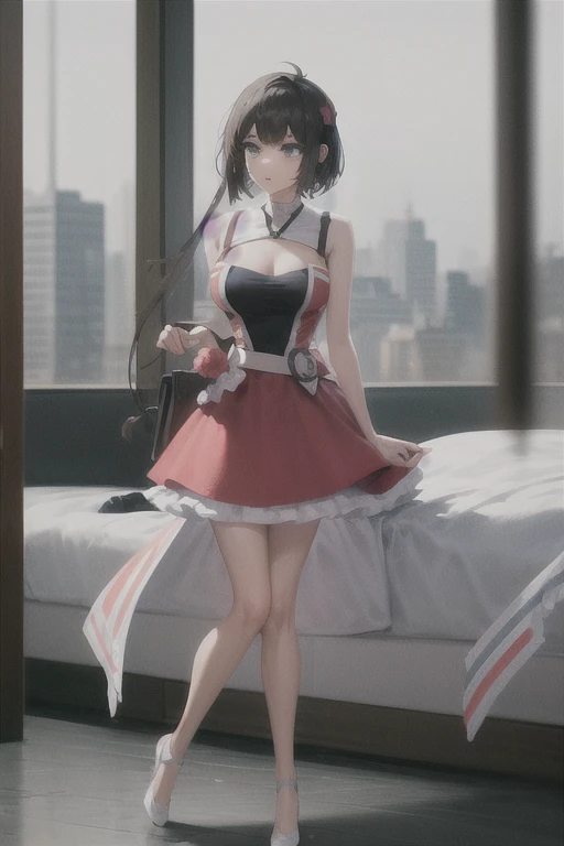 D.VA from Overwatch with her pink and white dress skin semi sitting looking at the camera, imagen cuerpo completo.
