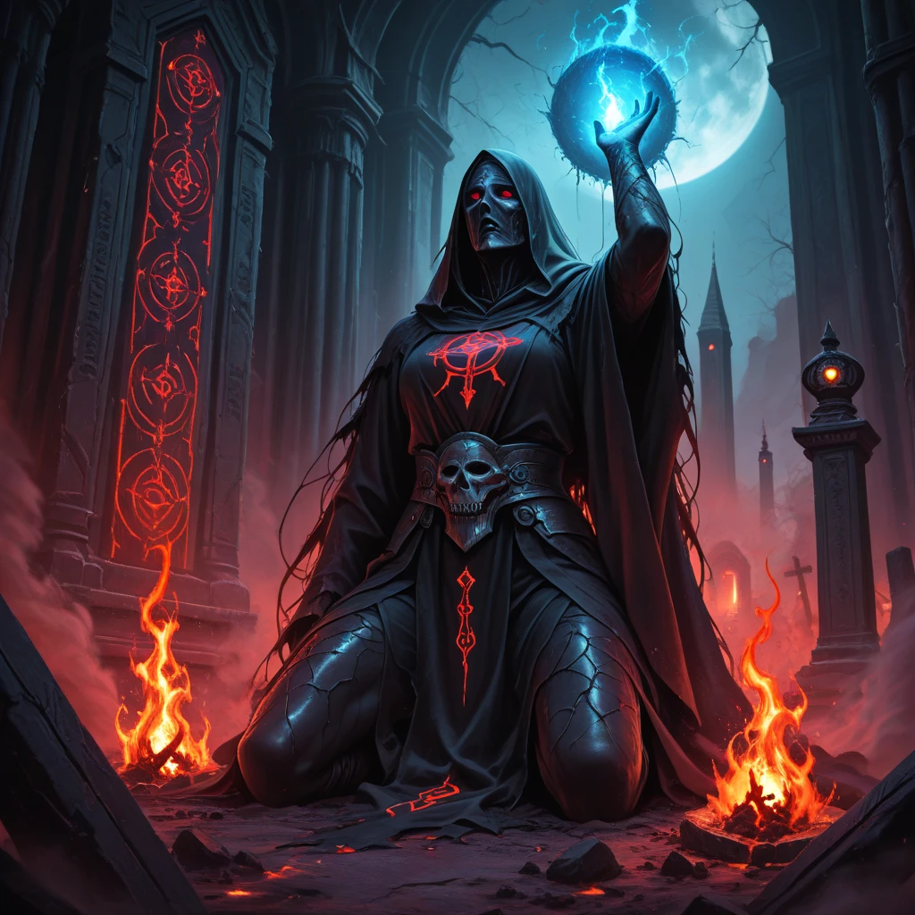 Masterpiece, ultra quality, ultra realistic, surreal creature with only 1 arm holding an ancestral book of evil, wearing a long black cape ornamented with vibrant runes, frightening scenery under the light of the Blood Moon, detailed lighting