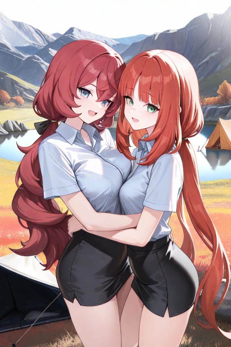 A younger girl growing out of the side of her conjoined mommy looking away in shame as her mother’s hand fingers the pussy they share. They have a single lower body under where their two torsos are growing together.