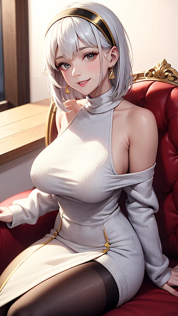 Sexy woman big breasts gray hair about 50 years old short