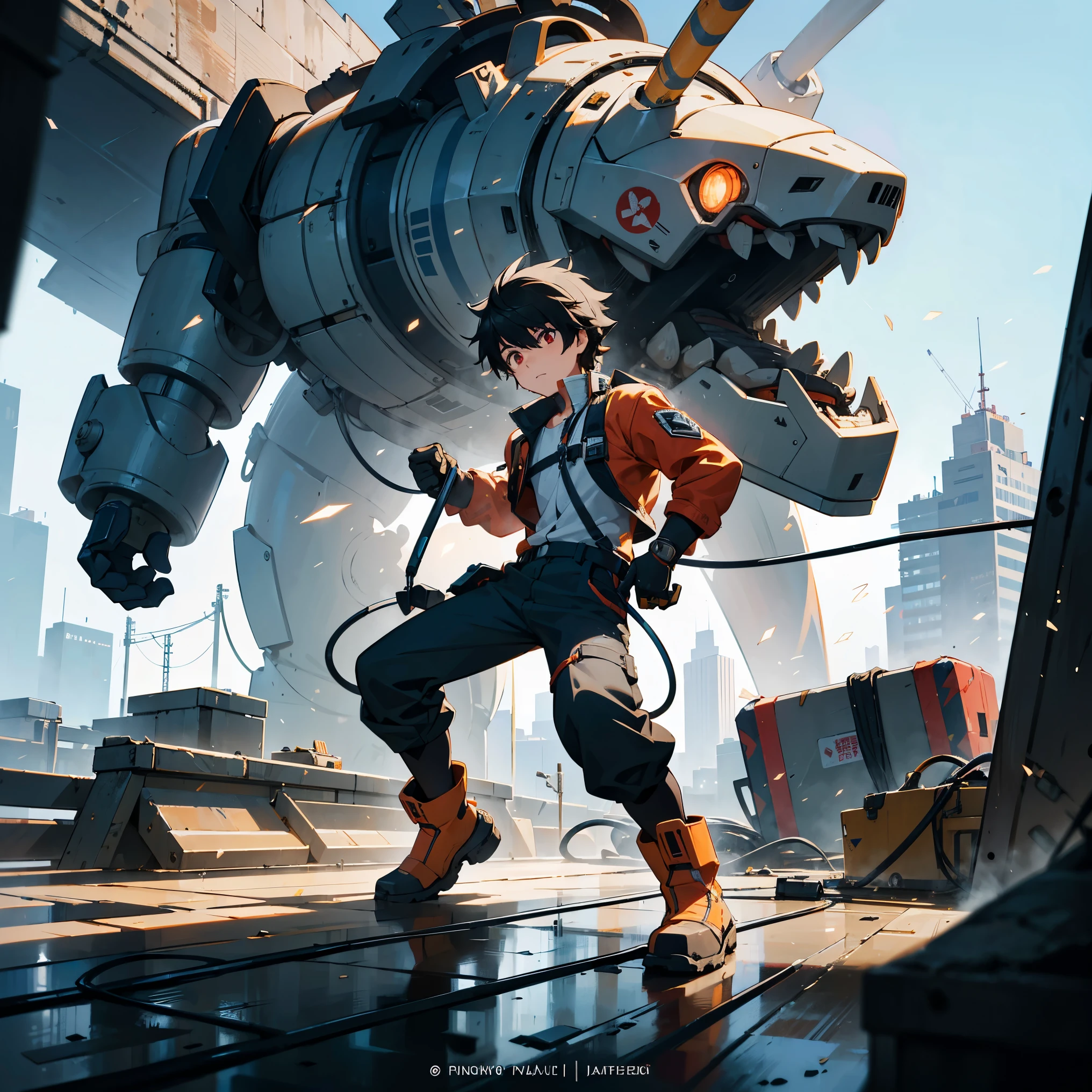 best quality,illustration,masterpiece,look far away,1girl,15 years old,body suit,cyber city,neon,battle suit, a mechanical dog nestled next to the girl, mangguo_keji, <lora:mangguo:0.5>