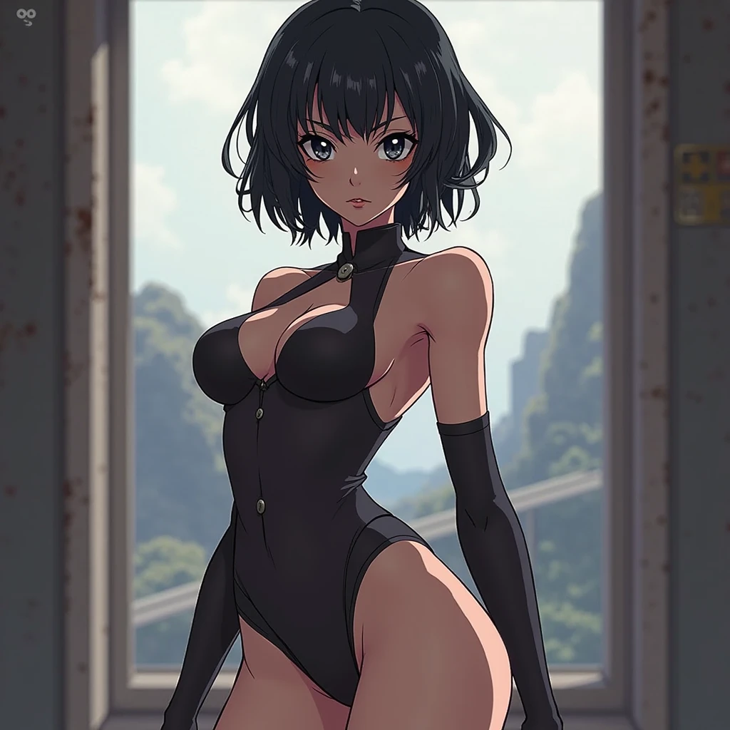 pov doorway, 1girl, solo, standing, smile, closed mouth, cowboy shot, opening door,green hair fubuki, green eyes, (window:1.1), (small breasts:1.1), bed, shadow,short black micro bikini