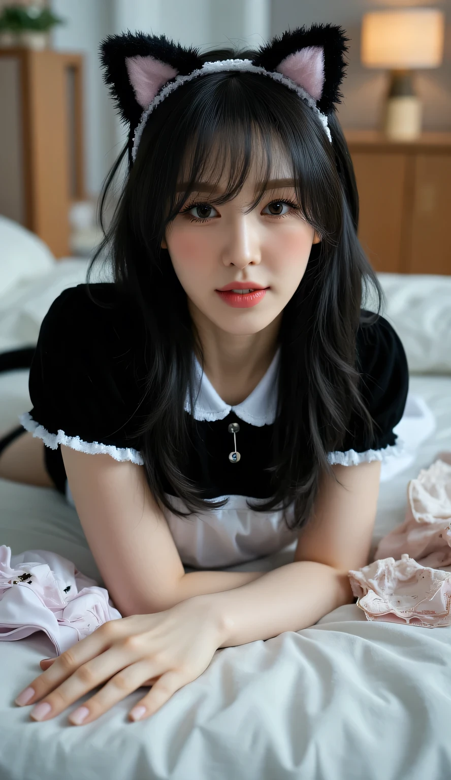 a woman, sleep on your stomach on a mattress, eyes looking at camera , using a black waitress uniform with a white apron, long stockings black, big size G-cup, thick hair of black color, bras and condoms strewn across the living room, use a cat ear band and a cat's tail behind the waist,