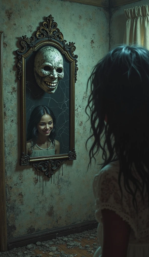 A person looking at themselves in a mirror, mirrored reflection slowly turning into a zombie, detailed face with sunken eyes, decaying skin, sharp teeth, ominous atmosphere, dramatic lighting, cinematic composition, horror, dark fantasy, moody colors, dramatic shadows