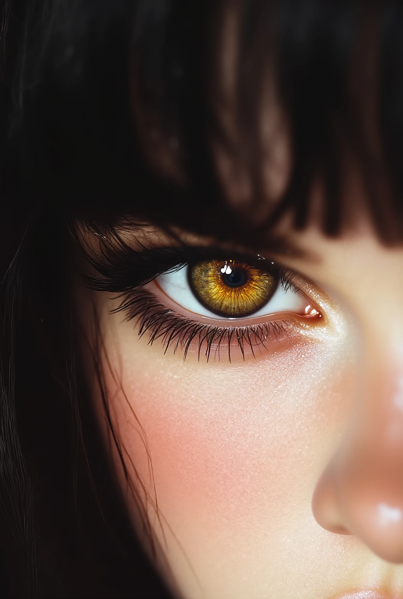 An incredibly beautiful and detailed bright honey brown eye framed by thick black eyelashes, suave, white skin, jet black hair , pale porcelain skin, extremely detailed brown eyes . . ., long eyelashes ,.. LET YOUR EYES BE UNREAL , What gives Lana del Rey vibrations . The best quality , 4k, 8K, masterpiece-style photos : 1.2), healthy looking and full coat , ( photorrealist realistic , photorrealist : 137), Dynamic monochrome lighting with bright colors ., intricate details , Digital Art, LET THE EYES BE A DEEP BROWN SHINY LIKE DIAMONDS