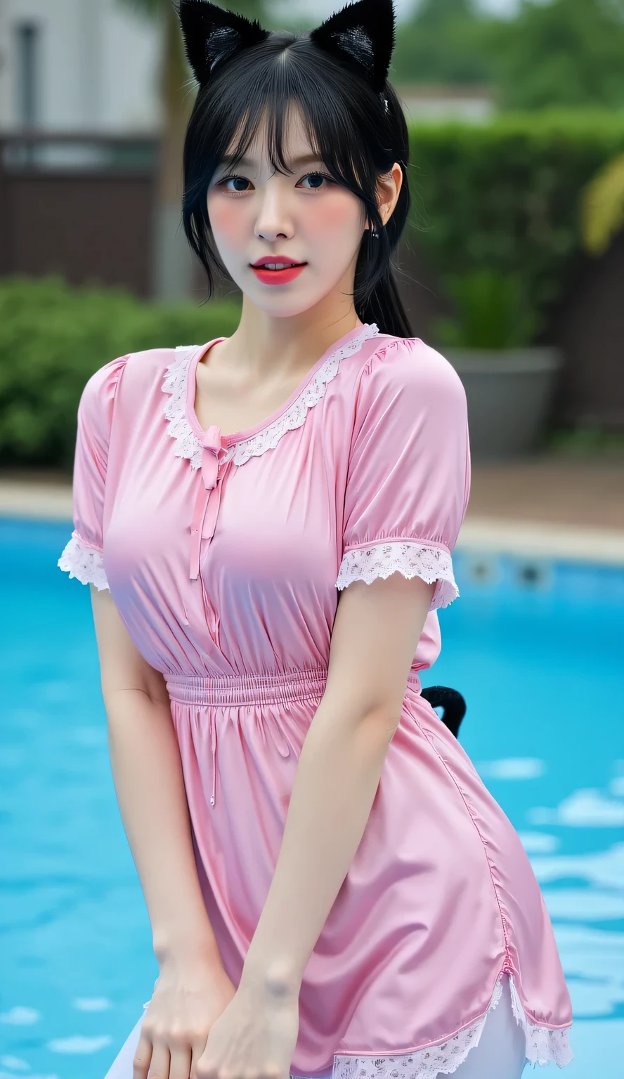 a woman, pool background, playing water , shirt looks full body, body facing front, eyes looking at camera , wearing a pink short-sleeved nightgown, pants leggings white color, big , thick red lips, seductive face, slim waist, hair tied ponytail black color, using a cat ear band with the cat's tail behind the waist, all over wet body