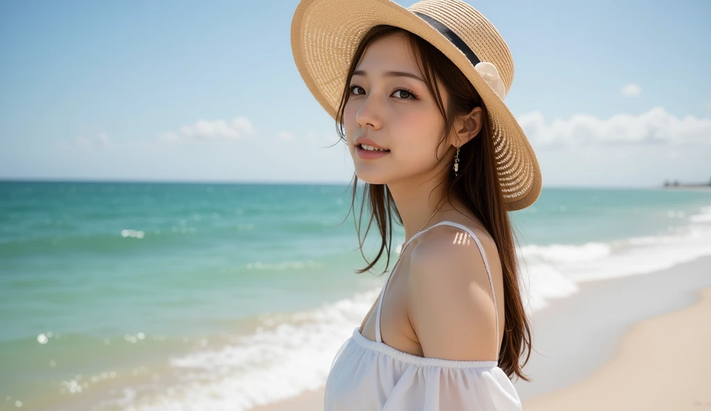 ((Extremely precise and accurate anatomy)), (masterpiece:1.43), Perfect balance, Realistic photos, Shrapnel:1.22、Mid 20s、young woman、Very realistic、High resolution photos、Wavy, Shoulder-length chestnut hair、Grace from the shoulders down、The eyes are a striking green with gold flecks.、Natural arched eyebrows、The skin is white and smooth、natural, Healthy shine、A kind smile、Straight and white teeth、A micro bikini made from soft and lightweight fabric for a snug fit.、Sunlit beach in the evening、The sea swaying in the wind、Clear deep blue sky with white clouds、The sunlight is warm and golden、Natural highlights and shadows that accentuate facial features and clothing textures、メイクは最小限でnatural、Light Foundation、A faint blush、Subtle eyeliner、A little mascara々、Soft pink lip color、Mr.々Pose、Mr.々Show a facial expression、Wavy hair、A sense of movement and vitality、(((Shallow depth of field effect)))、Image focus、The atmosphere is warm、The energy of joy、Natural Beauty