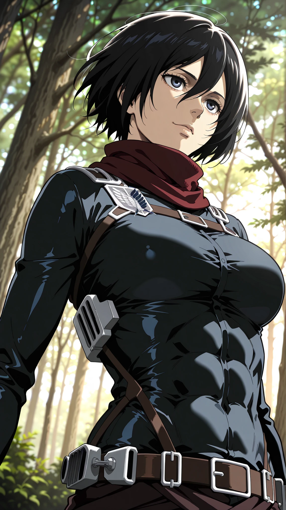 masterpiece, best quality, amazing quality, newest, very aesthetic, 1girl, an intense, evocative portrait from (attack on titan) art-style,mikasa from \(attack on titan\),gothic,gothic make up,emo mixed with gothic outfit,abs,black nails,smile,dynamic pose,nature background