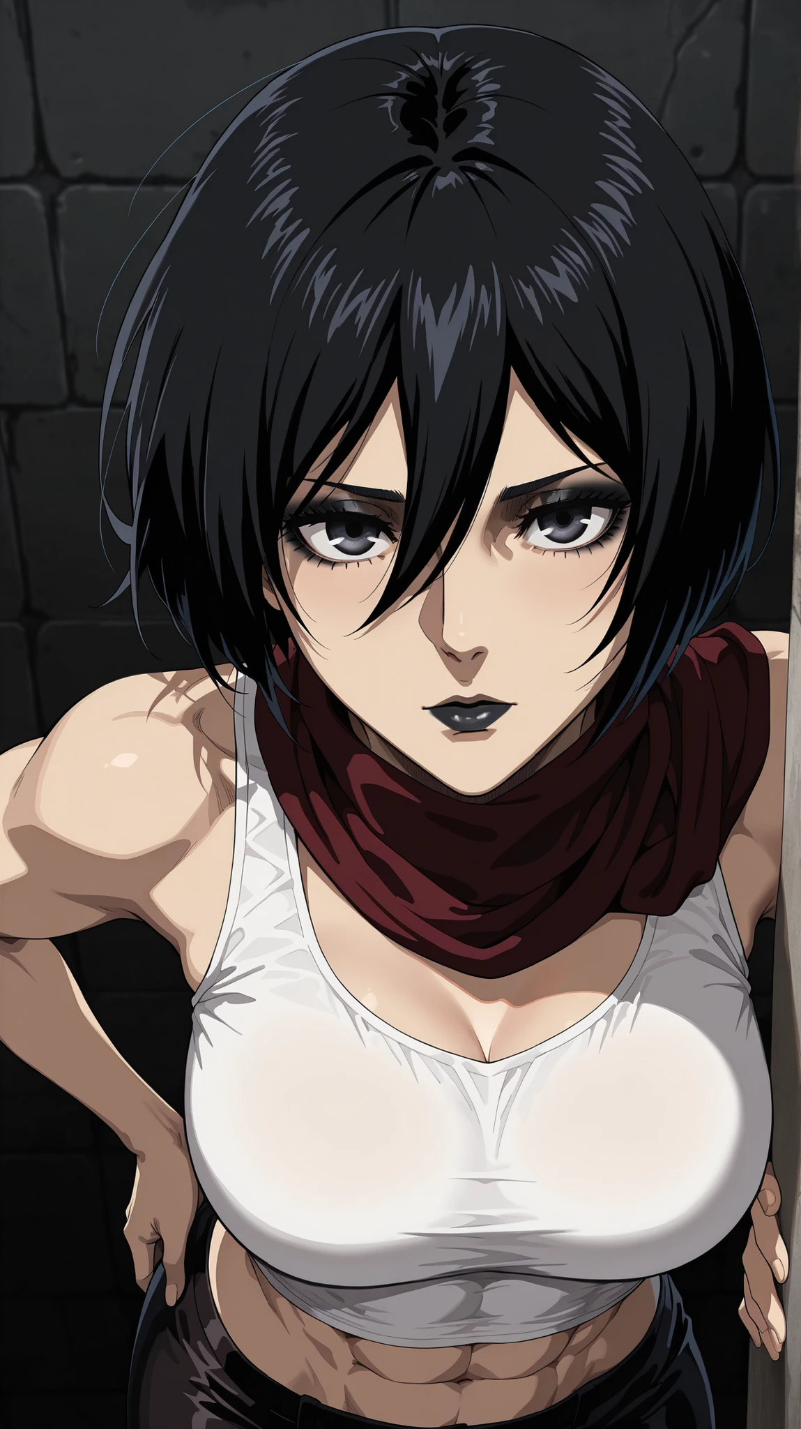 masterpiece, best quality, amazing quality, newest, very aesthetic, 1girl, an intense, evocative portrait from (attack on titan) art-style,mikasa from \(attack on titan\),gothic,white gym short tanktop,black gym pants,abs,black lips,black eyeshadow,an arrogant look,dead eyes,one hand on the wall,pov,black background