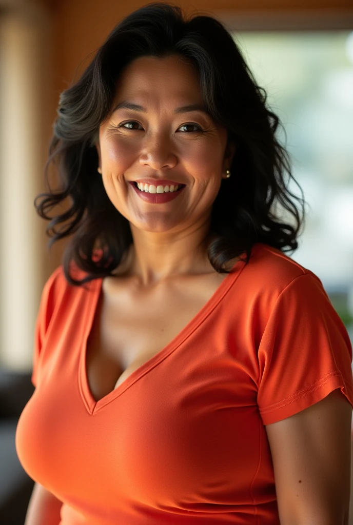 Busty 40 year old Japanese woman in a sleeveless shirt, Facing forward in a room.