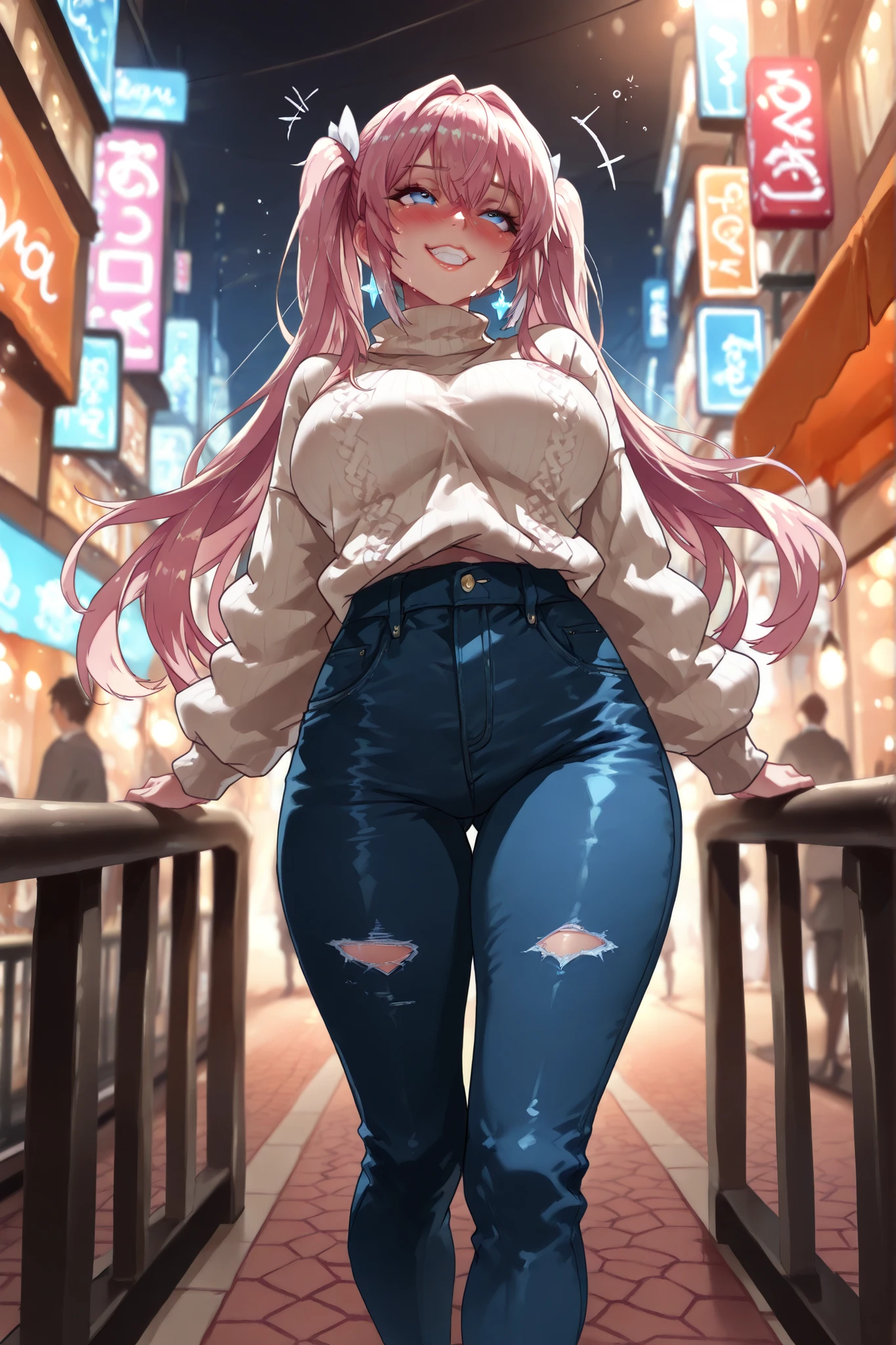 (mesugaki:1.3), (1girl, solo, extreme proportions),
(huge breasts:1.2), (arched back:1.2), (sweat:1.1), full body, (thin fingers:1.1),
((model-thin proportion:1.3)), (ethereally slender:1.3), (paper-thin waist:1.4),
(bony:1.2), (protruding ribs:1.2), (protruding collar bones:1.2),
(underweight:1.3), (narrow waist:1.4),
((tight white sweater:1.4)), (long sweater:1.3), (fully covered torso:1.3),
((jeans:1.3)), (snug fit:1.2), (casual outfit:1.2),
(long pink hair:1.3), (flowing hair), (hair in motion),
(blue eyes:1.3), ((detailed eyes:1.3)), shiny eyes, long eyelashes, fluttering lashes,
((detailed face:1.3)), youthful beauty, sweet expression,
((detailed lips:1.3)), glossy lips,
((detailed skin:1.3)), flawless skin, soft glow skin,
(drunk:1.3), flushed cheeks, droopy eyes, tipsy expression, half-lidded eyes, dazed smile, glossy eyes,
(from below angle:1.3), (looking up:1.3), (eye contact:1.2),
(teasing smile:1.3), (provocative expression:1.3), seductive pose,
(((masterpiece))), (((hyper-realistic))), ((ultra-detailed)), ((high-resolution)),
((sharp focus)), ((dynamic lighting)), ((depth of field)), ((rich textures)),
((vibrant tones)), (deep shadows:1.2), (luminous highlights:1.2), (neon glow:1.1),
((soft glow)), ((natural light)), ((cinematic lighting)), ((high contrast)), ((illuminated)),
(city background:1.3), (urban setting:1.2), (modern city street:1.2), (bokeh lights), (storefronts), (evening city glow)