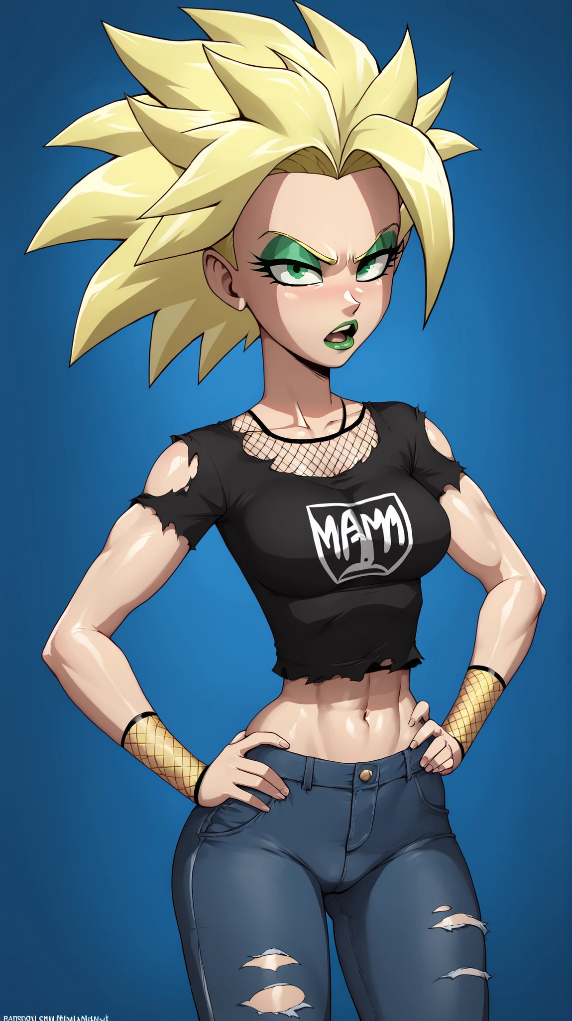 masterpiece, best quality, amazing quality, newest, very aesthetic, 1girl,super saiyan 3 hair style,yellow hair,green eyes,hands on hips,leans toward the viewer a little bit,opend mouth,green lips,green eyeshadow,black short shirt,black ripped jeans,fishnet clothing,dim blue background
