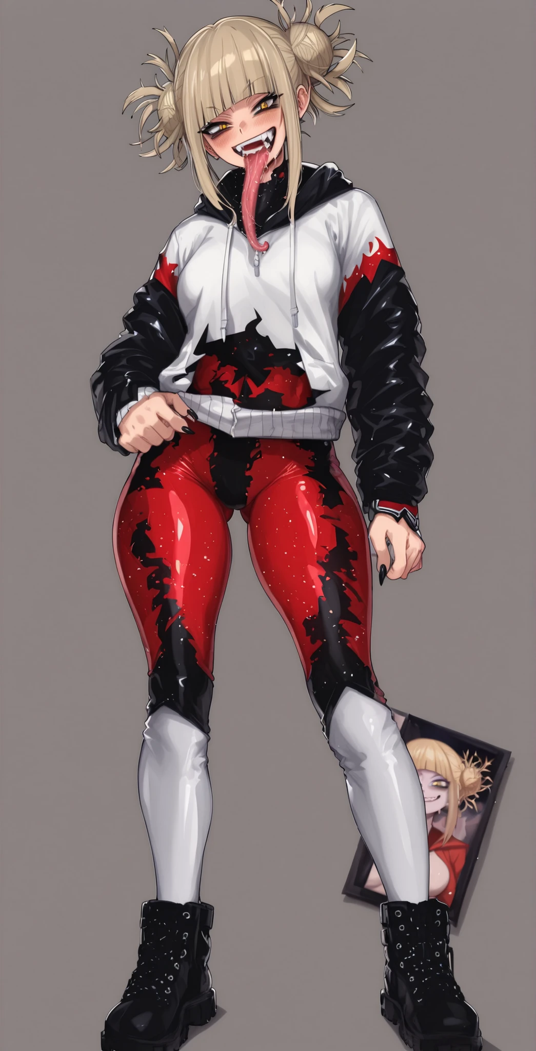 (My Hero Academia Style), (High Quality), (1girl), (solo), (female), (anthro), ((perfect face)), (((perfect hands))), (((perfect anatomy))), (Thigh Gap), (Knee gap), (ankle Gap), ((Gluteal Fold)), ((Full Body Photo:1.5)), ((looking at viewer)), ((skindentation)), (Standing), ((Himiko Toga)), (((Gwenom Cosplay)), ((Symbiote Bodysuit)), ((Symbiote Hoodie Bodysuit)), ((Fullbody Hoodie Bodysuit)), ((Hoodie Bodysuit With Teeth)), ((Symbiote Bodysuit With Teeth)), ((Black Symbiote Bodysuit)), ((Black Symbiote)), ((Fullbody Black Bodysuit)), ((Sharp Teeth)), ((White Teeth)), ((Pink Long Tongue)), ((Long Tongue)), ((Black Loose Croppet Symbiote Jacket)), ((Croppet Open Symbiote Jacket)), ((Open Symbiote Jacket With Teeth)), ((Hood Down)), ((Messy Hair)), ((Side Hair Buns Hairstyle)), ((Short Blunt Bangs)), ((Parted Blund Bangs)), ((Straight Blonde Hair)), ((medium sidelocks)), ((V-Shaped Slim Eyebrows)), ((Long Eyelashes)), ((Thick Eyeliner)), ((Black sclera)), ((Yellow Eyes)), ((Blonde Eyebrows)), ((Medium Breasts)), ((Thick Thighs)), ((Very Thick Claves)), ((Thick Toned Waist)), ((Skin Tight Bodysuit)), ((Bodysuit Tucked in Jacket)), ((Black Low Heel High Shin Combat Boots)), ((Thick Combat Boots)), ((Black Fingertip Nail Claws)), ((Sharp Claws)), ((Droopy Eyes)), ((Smug Smile)), ((Open Eyes)), ((Tongue Out)), ((Saliva)), ((Upper Teeth only)), ((Fangs)), ((Simple Gray Background)), ((Superhero Costume)), ((Gwenom Costume)),