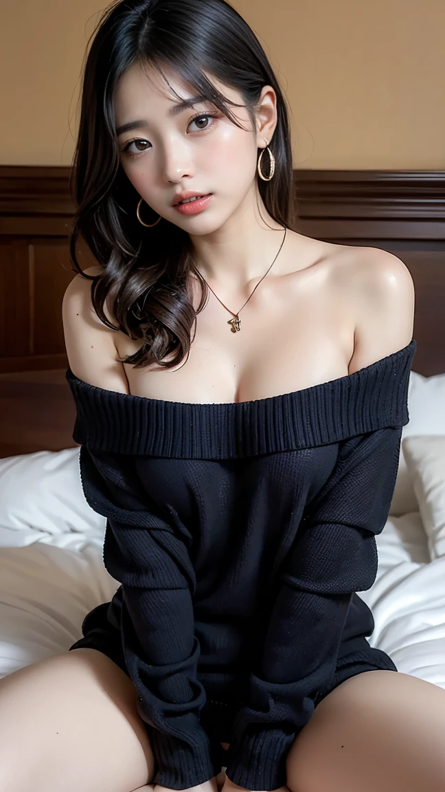 Cool beauty,Looks sweet, updo haistyle, (wearing black oversize sweater, off-shoulders), show cleavage, show big thigh, plump body, huge breast, full body photo, sitting on the bed.