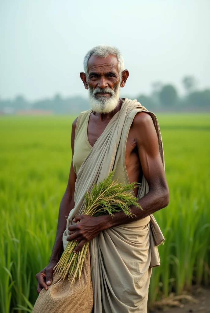 Semar stands in the middle of a lush green rice field, his nearly bald, white hair glinting softly under the late afternoon sun. His round face bears an eternal smile, with small, half-closed eyes reflecting the depth of the nature around him. His plump belly and stout figure, wrapped in a simple cloth tied around his waist, radiate warmth and calm. His short arms extend gently, as if embracing the entire world. His bare, sturdy feet stand firmly on the ground, connected to the earth he loves, while a gentle breeze whispers of everlasting peace.