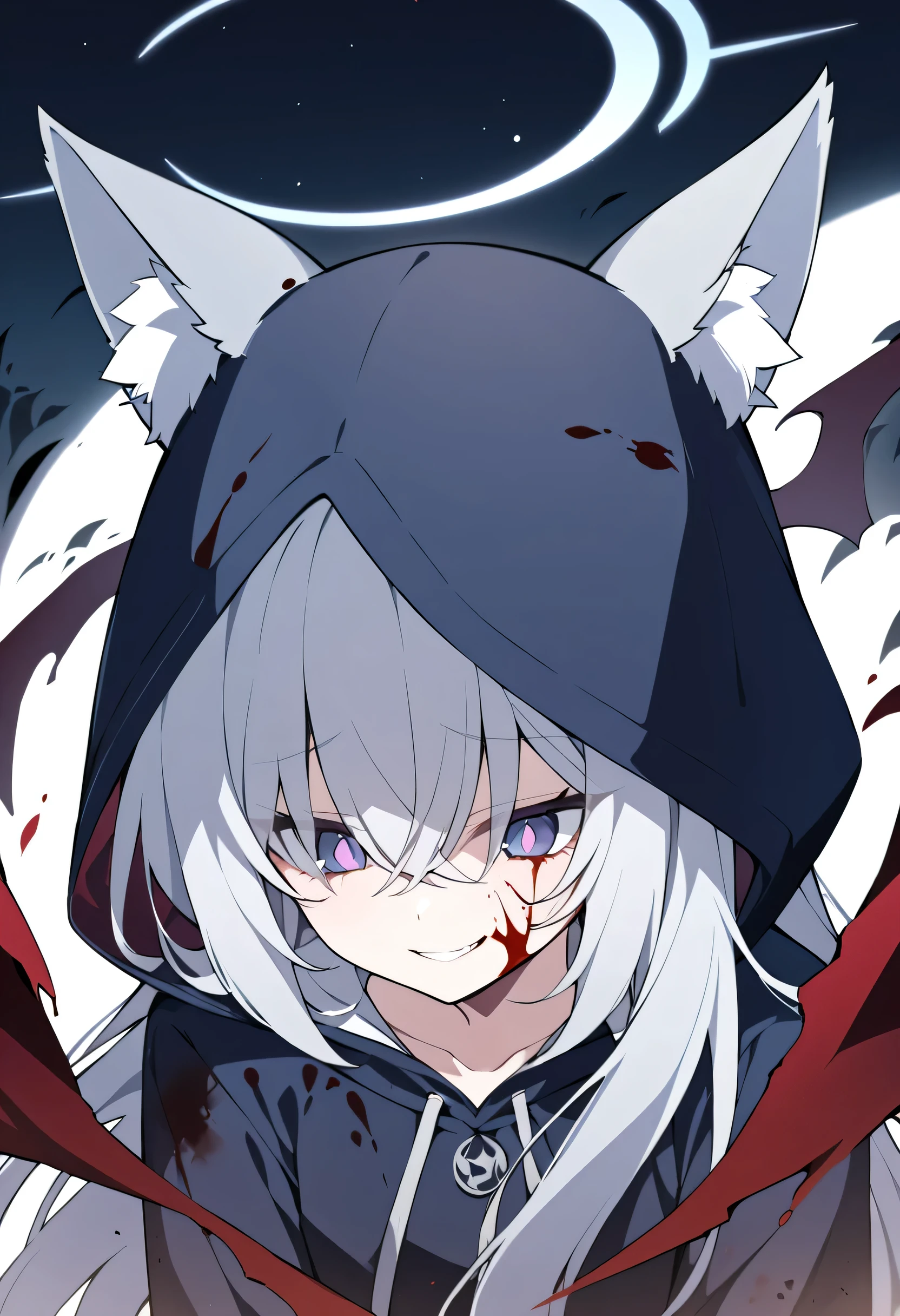  long hair，Silver Hair， girl，Light blue halo， gray wolf ears，alone，night，Purple Pupils，night，dark blue jacket，dirty clothes（stained with blood），black sweatpants（Be covered with dust），hair covering eyes，wearing hood hood up，An evil smile， heads down，Cover one's eyes with a hood，Showing claws，Evil，full moon，Bite a rose