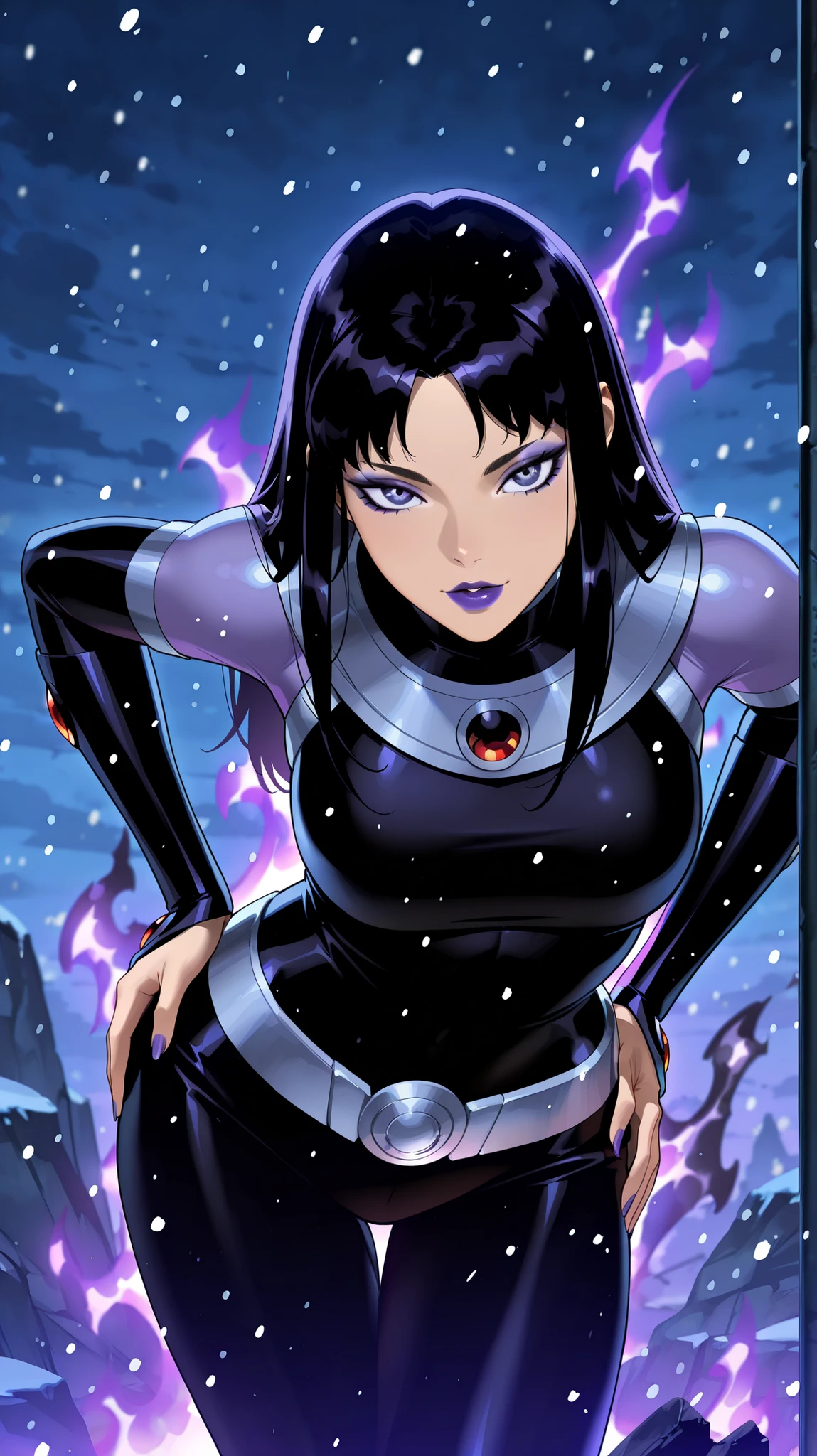masterpiece, best quality, amazing quality, newest, very aesthetic, 1girl,black fire from \( titans\),hands on hips,leans toward the viewer,violet lips,violet eyeshadow,violet snowing night
