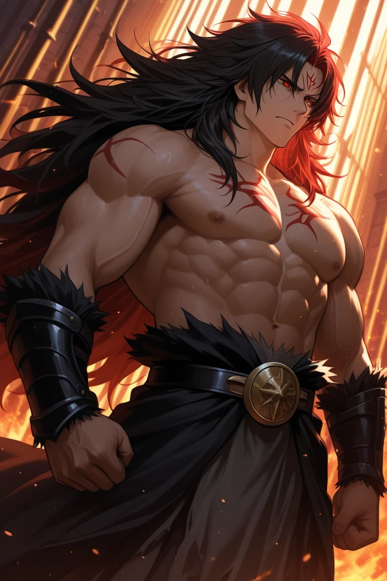 (Obra maestra:1.4), (La mejor calidad:1.4), 1 hombre, solamente, (Emiya Kiritsugu \ destino\Cero):1.2), Un hombre musculoso, tez bronceada, Cabello negro azabache, (((cabello hasta los hombros))) (((Cabello largo))) ojos azules, (Ojos muy detallados:1) (Cara muy detallada:1) (Iris y pupilas muy detalladas :1.2) Espada celta, ((Espada celta.)) body full of huge muscles, Cuerpo en forma de V, sonrisa arrogante, Camisa, Topless, GigaChad, He wears a brown cloth loincloth and a black belt., massive muscles, pectorales enormes, ((pectorales masivos)) ((pectorales enormes)) ABS cincelados, pectorales enormes, Exaggeratedly huge muscles, shoulders twice as wide, hombros masivos, 300 libras, Mirando al espectador, Parte superior del cuerpo, Ciudad, Paisaje urbano, Cielo, Noche, Estrellas, luna.