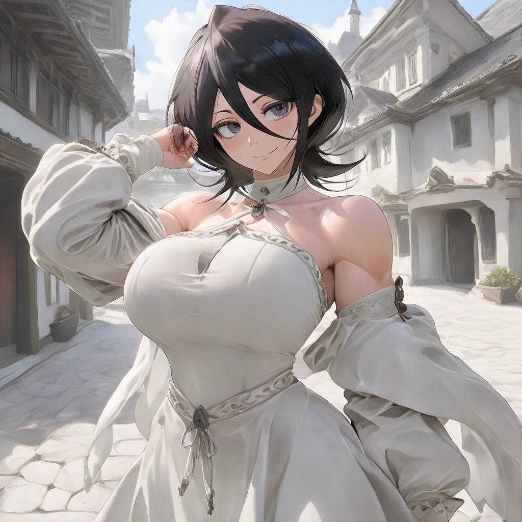 score_9,score_8_up,score_7_up,rating: general,1girl,solo, short hair,breasts,looking at viewer,blush,large breast, black hair, closed mouth,shexyo, shexyo style, boa hancock, medieval, fantasy armor, armor, ((medieval)), medieval town