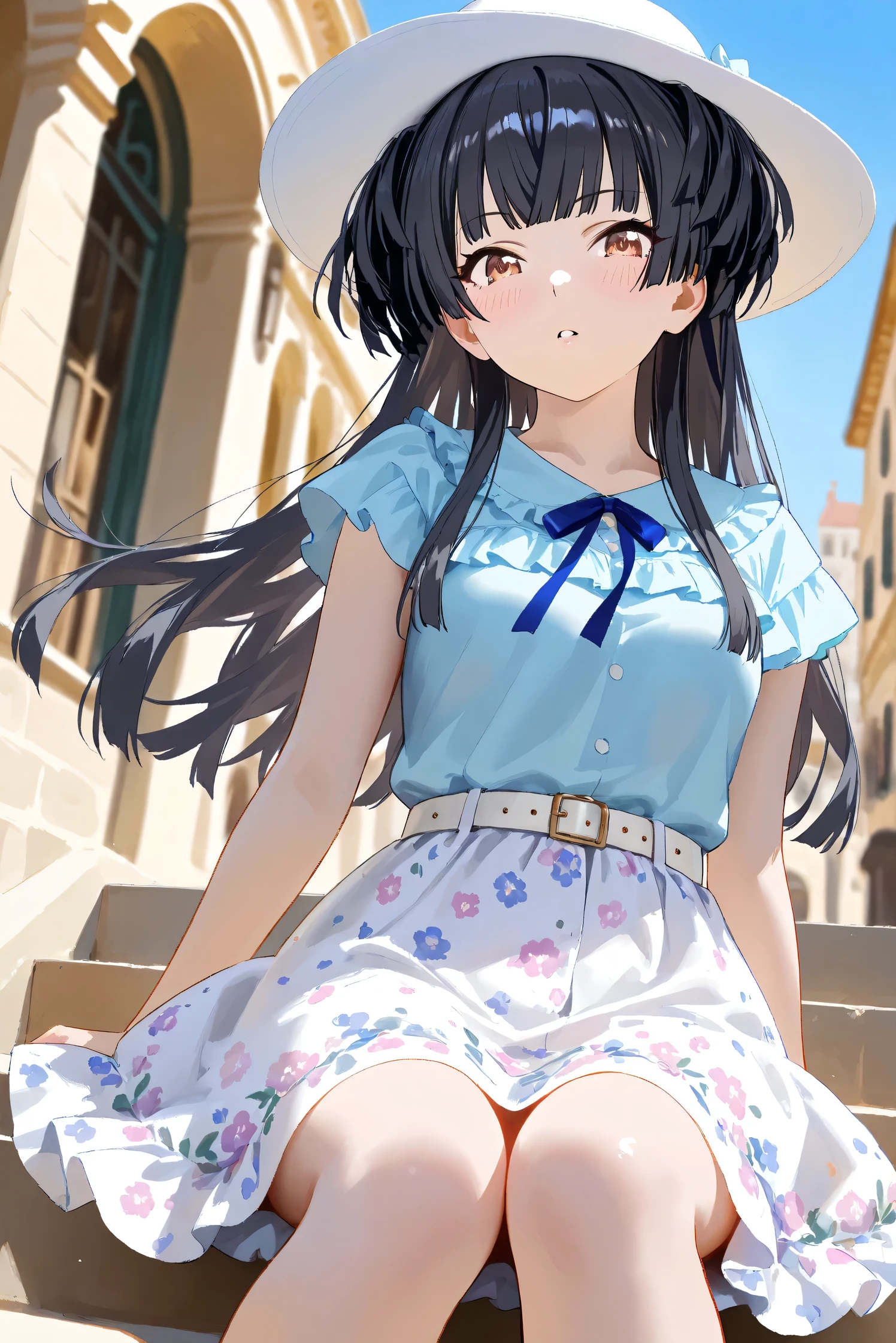 (Masterpiece), (Highest quality), (Very detailed),
(The best shape), (Best Shadow), (Absurd),
(Detailed background), (So beautiful), Shiny ,
Extraordinary, Countershading, 8k, 32K, High resolution, Beautiful eyes in every detail,
Very Detailed CG, UHD,
Score_9, Score_8_up, Score_7_up, Source_anime,
(Pastel painting:1.2), (Watercolor painting:1.2),
(Masterpiece, Detailed:1.2), (Foreshortening:1.2),
Cinematic, Dramatic, (Depth of field:1.4),
(Blurry background:1.4), (Realistic background:1.4),
(Foreshortening:1.3),Dynamic angle, 1 girl, solo,
Venice, Venice Building, Outdoor, Nature, Blue sky, flowers, Stairs,
Mayuzumi Fuyuko,
The idolmaster shiny colors,
mayuzumi_fuyuko, 1girl, black hair, two side up, brown eyes, small breasts,
(Casual wear:1.3),
Light blue shirt, Short sleeves shirt, Frills
ribbon, Blue ribbon,
Skirt, White skirt, Floral print skirt, Belt, White belt,
Wide Brim Hat, (White hat:1.2), Blue ribbon,
portrait, Focus on face, (close up shot:1.2),
(Blush:1.3), parted lips, ride on gondola, sitting on stairs,
Realistic skin, Shiny skin,