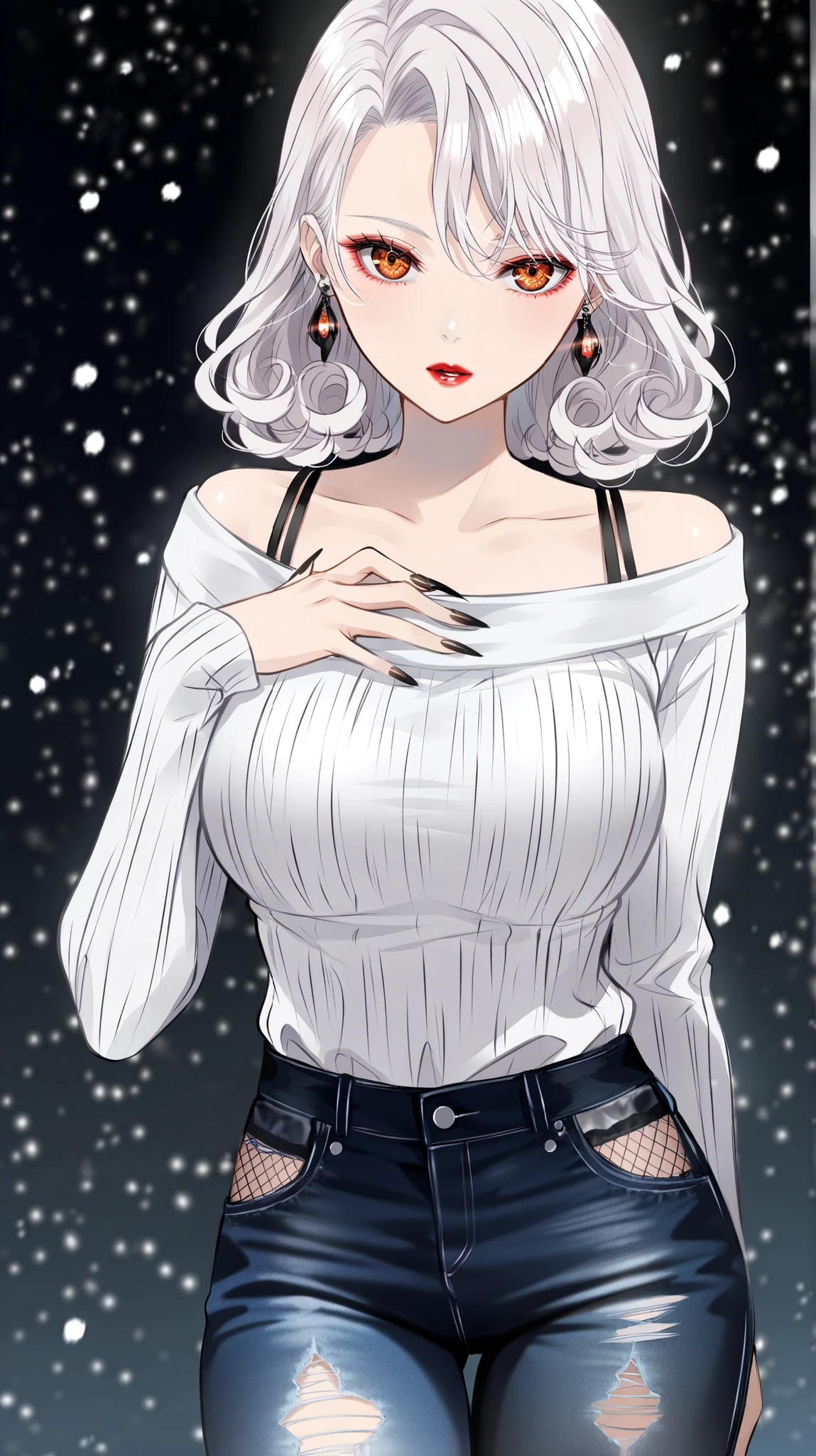 masterpiece, best quality, amazing quality, newest, very aesthetic, 1girl,bright patinum white hair,long curly hair, sharingan eyes,of-shoulder-sweater,short jeans,fishnet clothing,looking at the viewer,black long nails,opend mouth,red lips,earrings,one hand on the chest and the other one on her hair,snowing night background