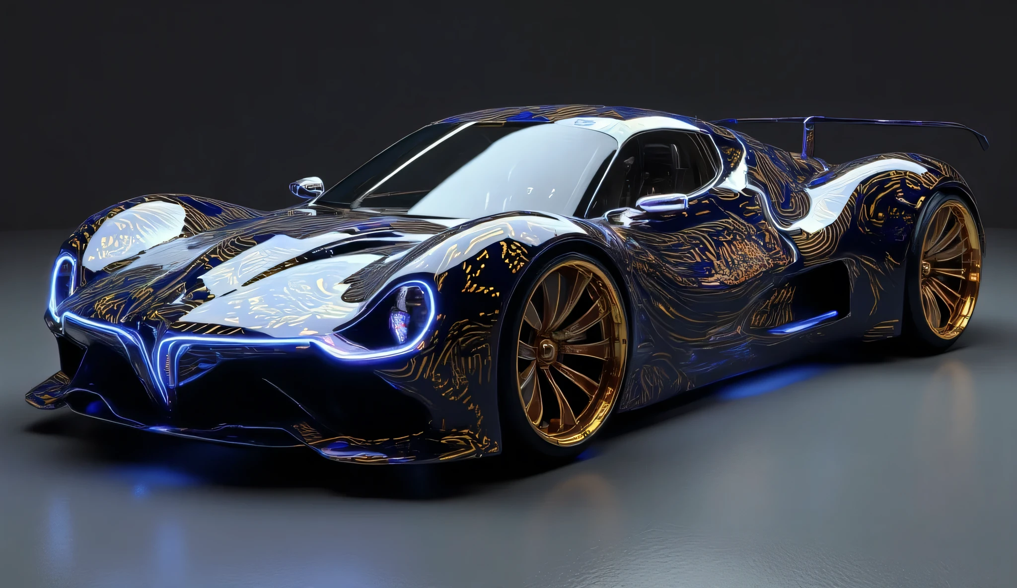 A futuristic, dark-colored sports car is centrally positioned in the image. The car's body is a deep, metallic navy blue with intricate, flowing lines and patterns that resemble organic forms. Gold accents and highlights add depth and detail to the sculpted surfaces. The car's wheels are unique, featuring intricate, fan-like designs with a similar metallic finish. A subtle, luminous blue light is embedded within the design elements of the car, especially noticeable in the patterns of the front section and in the wheel rims. The car's design features a smooth, streamlined shape, evoking a sense of speed and technology. The lighting in the image is dramatic, highlighting the car's curves and textures, creating a sense of depth. The background is a dark gray, which draws attention to the car and emphasizes the contrasting colors and highlights. The composition is a close-up, showcasing the car's detailed features, from its flowing hood to its ornate wheels. The overall style is sleek, modern, and futuristic, suggesting a high-performance, concept car. The perspective is slightly low, looking up at the vehicle, emphasizing its size and design.