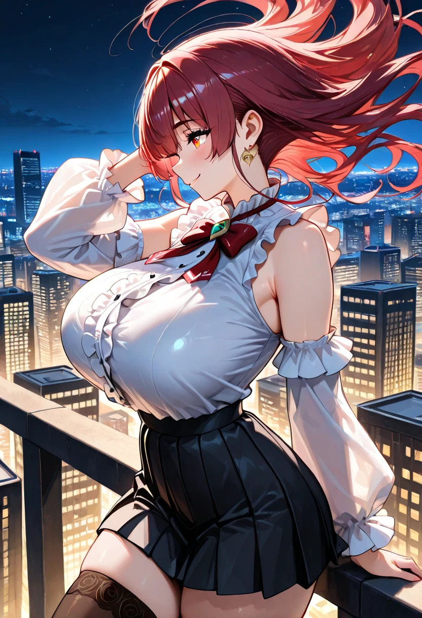 best quality, insanely detailed, nino nakano, breasts, blush, looking at viewer, cheerful eyes, arousal,long sleeve leotard, highleg leotard, athletic leotard, tight leotard, full body, spread legs, roof top background
