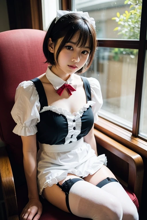 masterpiece、ultra-detailliert、8K、Awesome、Shorthair with bangs、Black Maid Outfit、Maid Cafe、smil