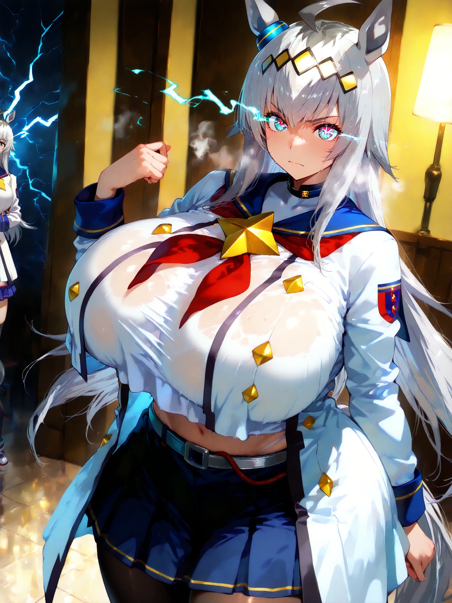 breast focus , ((Highest quality)), ((Tabletop)), Perfect Face, , uniform , Shorts , (((Black Long Gloves))) , Skin dents , Big Breasts , ((Huge breasts)) , (Black over the knee high) , (((股間のTattoo))) , (Pivic_Tattoo) , zettai ryouiki , View your viewers , classroom , tie , Earrings , Ultra Mummy , garter belt , Cleavage cutout , Skin Dance, Curvy,Two arms,Umbilical cord prolapse,((((Thick thighs)))),Standing posture