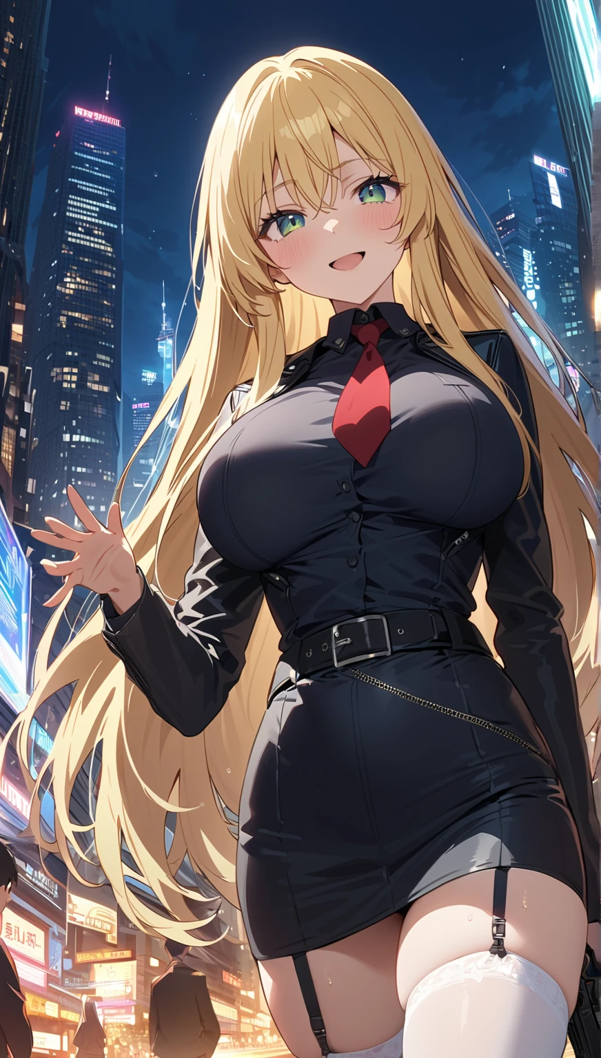 (​masterpiece:1.6、top-quality)、(Fine and beautiful eyes: 1.2)、(looking-down)、hightquality、beautiful countenance、1girl in、Leather tight skirt、Oversized leather jacket, large boob, long, wide-hips, (sideways Facing, ), Street, Night Red Light District Background, Hotel area, detailedbackground,Creepy grin、Laughter at the corners of his mouth、long court、Shirt、neck tie、Mini tight skirt with deep slit, OL、A MILF、a blond