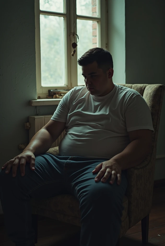 The best quality, Masterpiece, ultra-high-resolution, portrait, (photorealistic:1.4), RAW photo, Handsome manly overweight man, reading the book, view from the back interesting, top knot, with smooth crew neck shirt orange color basic, jeans jeans, Boots, barba, detailed facial textures