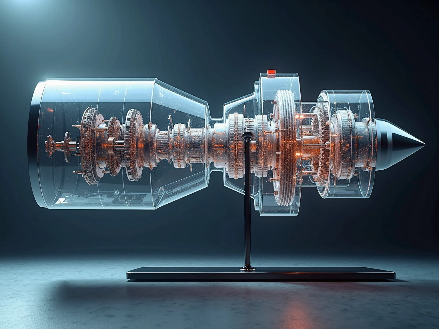 Turbo jet engine, stands on a demonstration stand, compressor x-ray, Vala, Turbine, Highly detailed, photorealistic, professional, 8K, physically correct visualization, precise texture, Detailed mechanics, spectacular lighting,  atmospheric scene , cold color palette