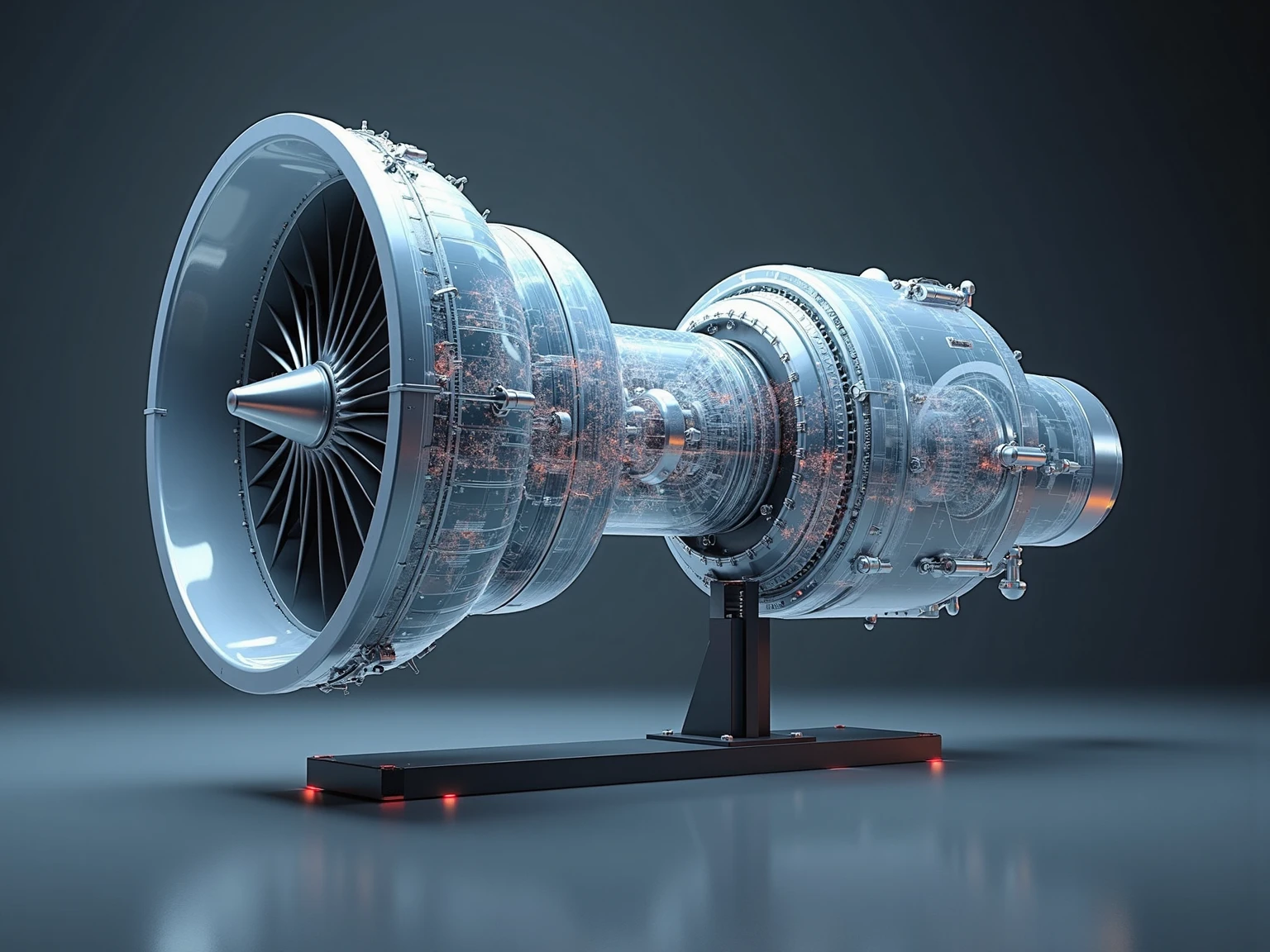 Turbo jet engine, stands on a demonstration stand, compressor x-ray, Vala, Turbine, Highly detailed, photorealistic, professional, 8K, physically correct visualization, precise texture, Detailed mechanics, spectacular lighting,  atmospheric scene , cold color palette