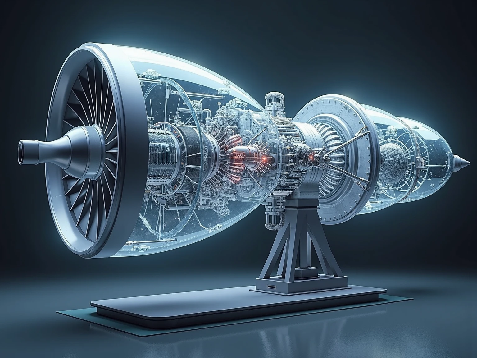 Turbo jet engine, stands on a demonstration stand, compressor x-ray, Vala, Turbine, Highly detailed, photorealistic, professional, 8K, physically correct visualization, precise texture, Detailed mechanics, spectacular lighting,  atmospheric scene , cold color palette