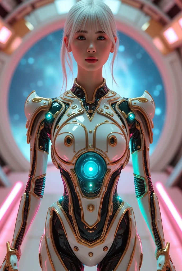 Woman in futuristic suit in room full of metal objects,Mesh headdress, Mechanical Elf, Luxury, Shoulders visible