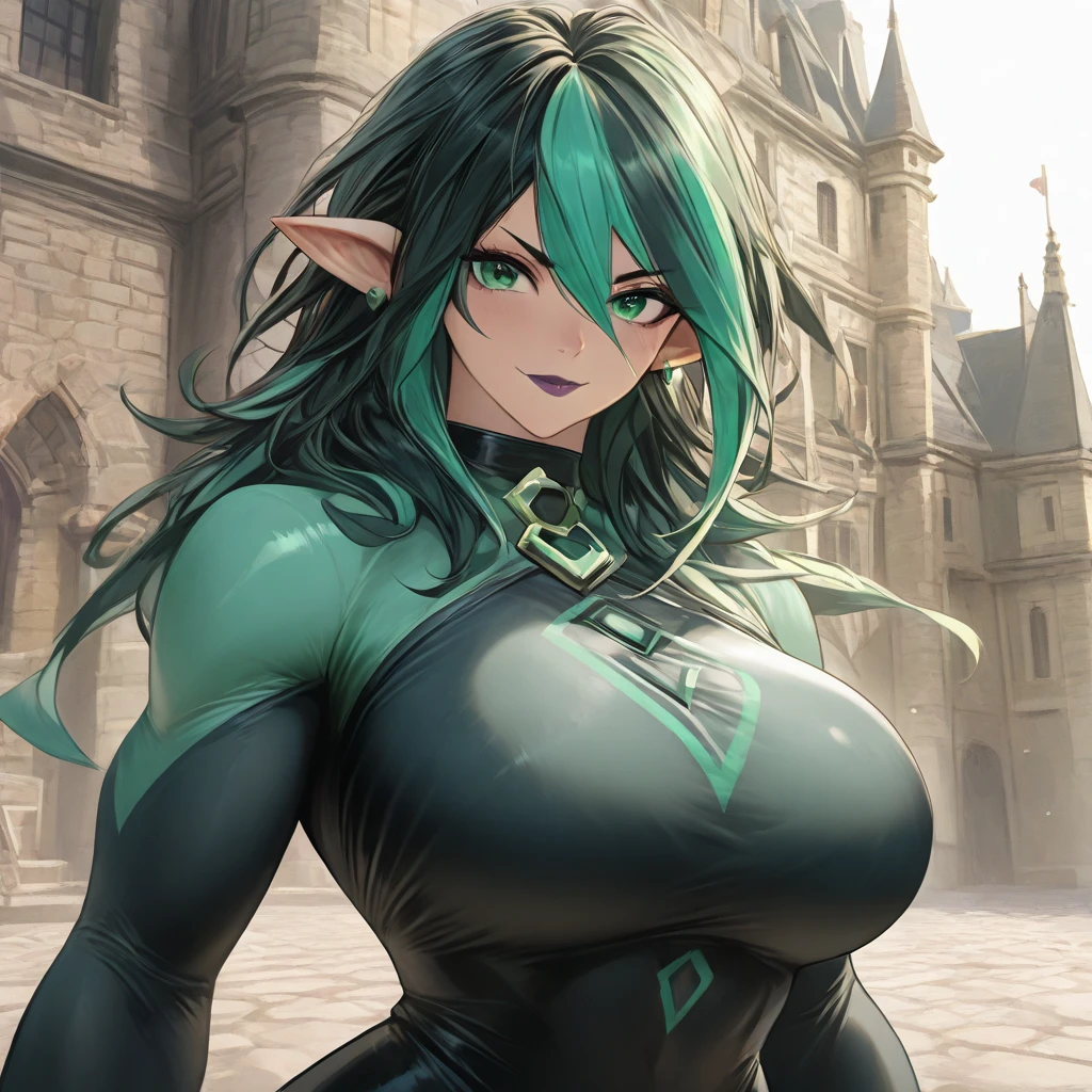 Imagen anime medio orco, piel verde, hembra, Fantastic look, Personaje RPG, medieval fantasy, Pelo negro corto, ojos rojos, 1.90 altura, Muskateer, mitad-body shot, Las cicatrices, ((Corte de pelo Mohawk)), botas negras, cuerpo completosbian ((cuerpo completosbian)), CUERPO MUSCULAR, Delantal de herrero, ((Black fantasy costume)), ((piel verde oscuro)), Colmillos venenosos, ((Abre los colmillos de la boca)), ((alta calidad)), ((Full-fledged medio orcos)), ((mitad))Pechos grandes que exponen el，Figura sexy，rodada