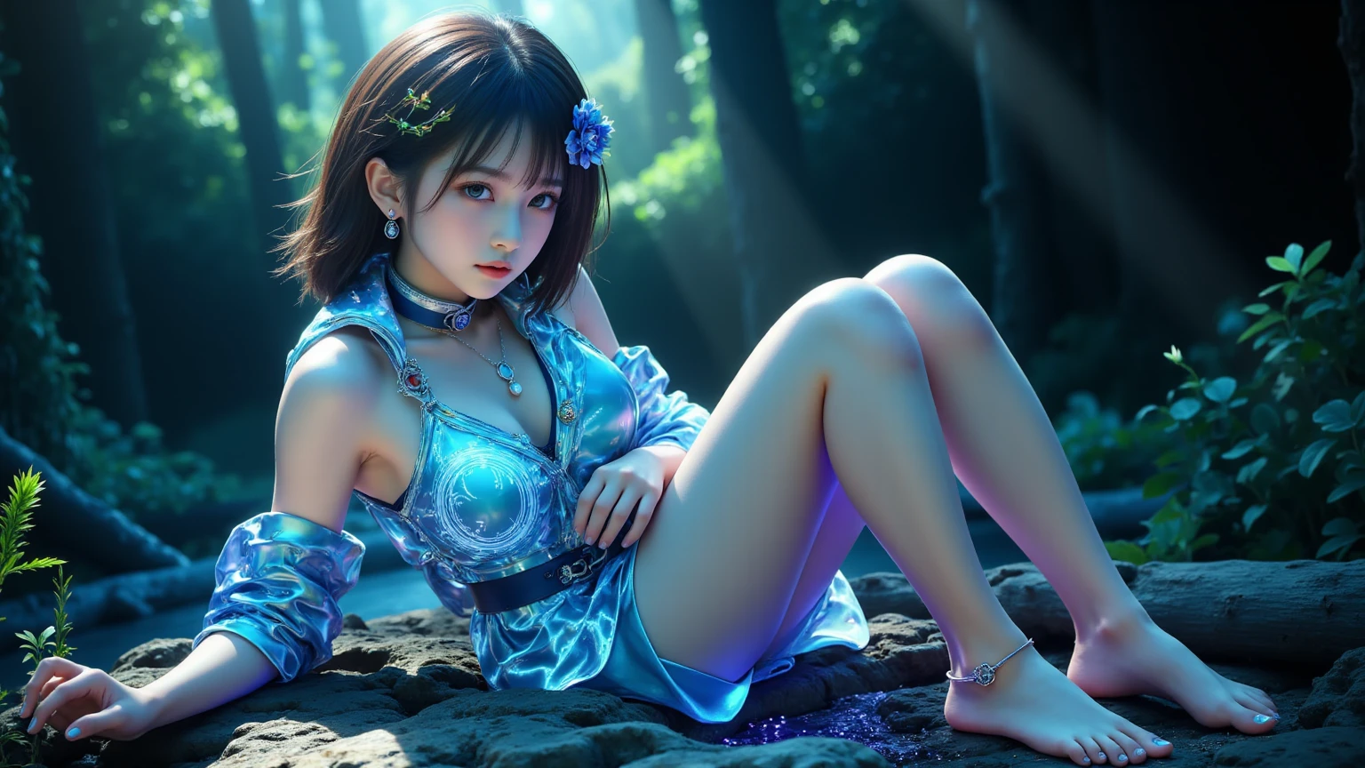 hermosa pelirroja de piel clara, y cuerpo perfecto , con un vestido azul ajustado a su cuerpo y tacones de aguja, se reclina sobre una mesa mientras todos babean al verla, 8k, detallado, paisajista, realista --auto --s2