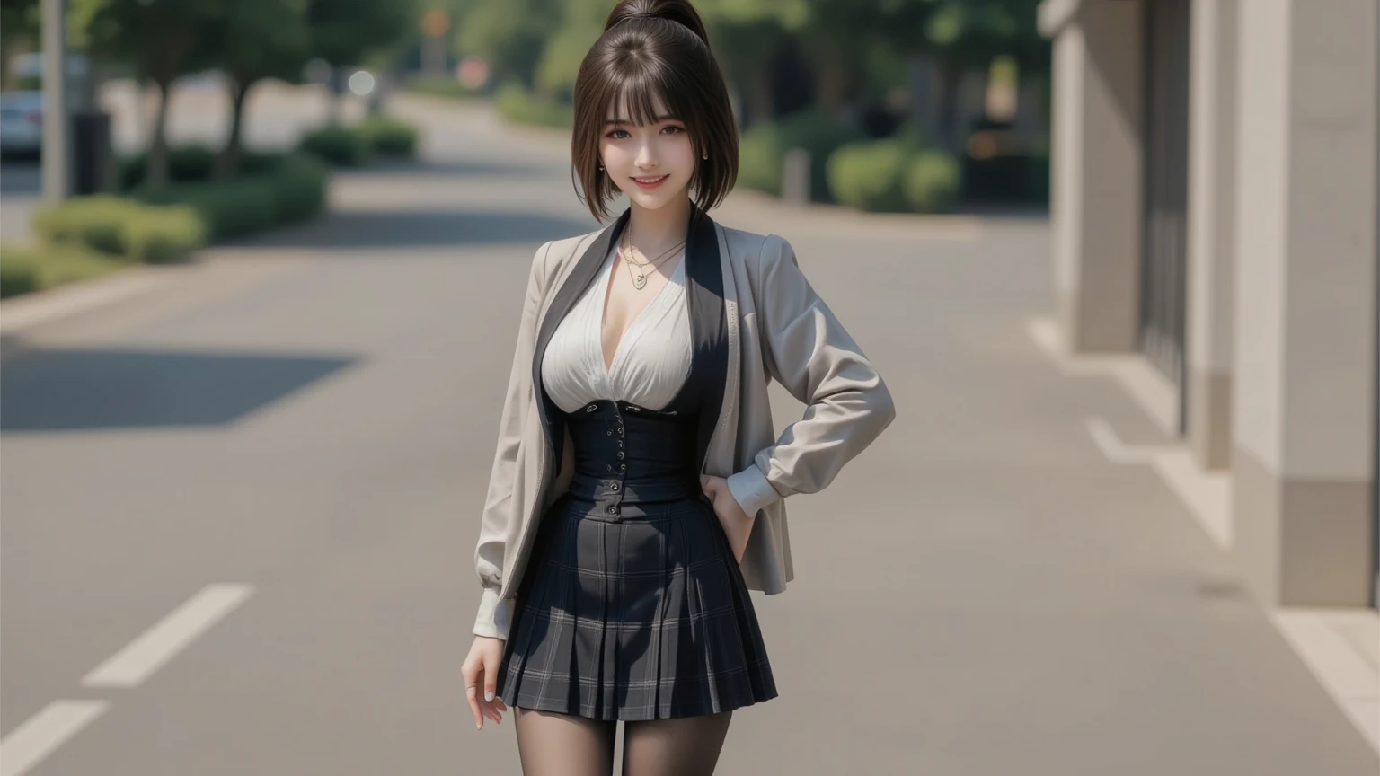(Eye Focus:1.3),8K,Shibuya Scramble Crossing,RAW Portrait of Japanese Girl,Model Pose,Sharp Focus,Realistic,Ultra High Resolution,Top Quality, (Natural Skin Texture,Fine Textured Skin,Hyper Realism,Ultra Sharpness),Complex Detail,Written Depth of Borders, Actress,(Perfect Hands,Perfect Fingers,Perfect Limbs,Perfect Body,Correct Human Body,Perfect Image Realism,Perfect Anatomy),(Beautiful Elaborate Face,Beautiful Facial Line),(Left to Right Balance) Beautiful Eyes,(Thin Thighs, Thin Waist), ((D Cup Breasts)),(25 Years:1.2 ),shy smile, made-up face, well-groomed eyebrows, (short brown bobbed hair:1.5), (black tailored jacket and pleated skirt, white dress shirt), black shiny stockings, silver necklace, earrings, bracelet, (pin-heeled pumps, (thin thighs, thin waist)) Pin-heeled pumps, Idol sculpture, standing, full length, (black tailored jacket and pleated skirt, white dress shirt), black shiny stockings, silver necklace, earrings, bracelet, pin-heeled pumps.
