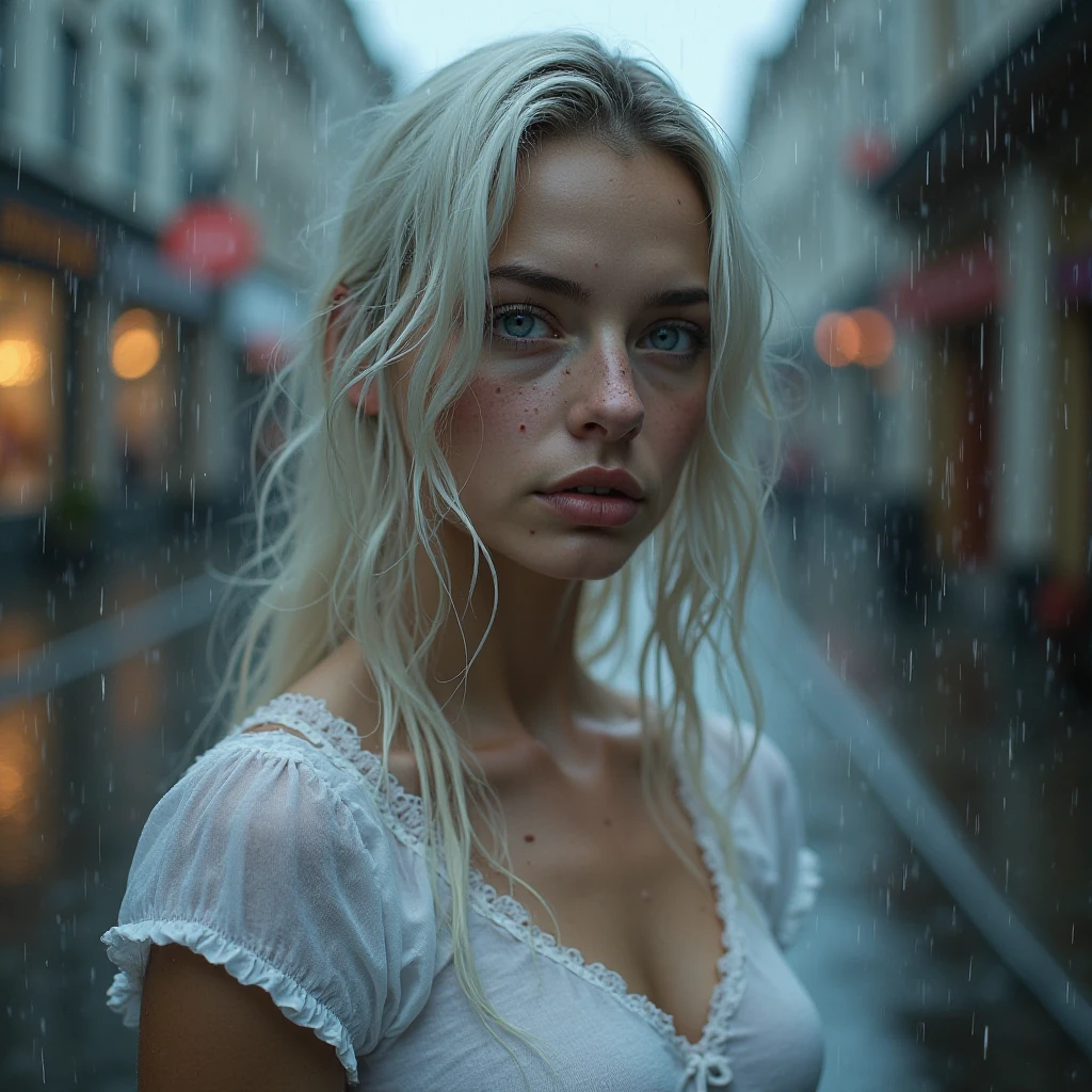 (Sara gadon from the series 22.11.63) as a demur 60s school teacher in a white blouse, soft focus, vintage, Americana, platinum blonde, 60s film, cinematic, elaborate details, (unbuttoned wet white blouse), caught in the rain, wet, close up, intimate, wet, transparent, sensual