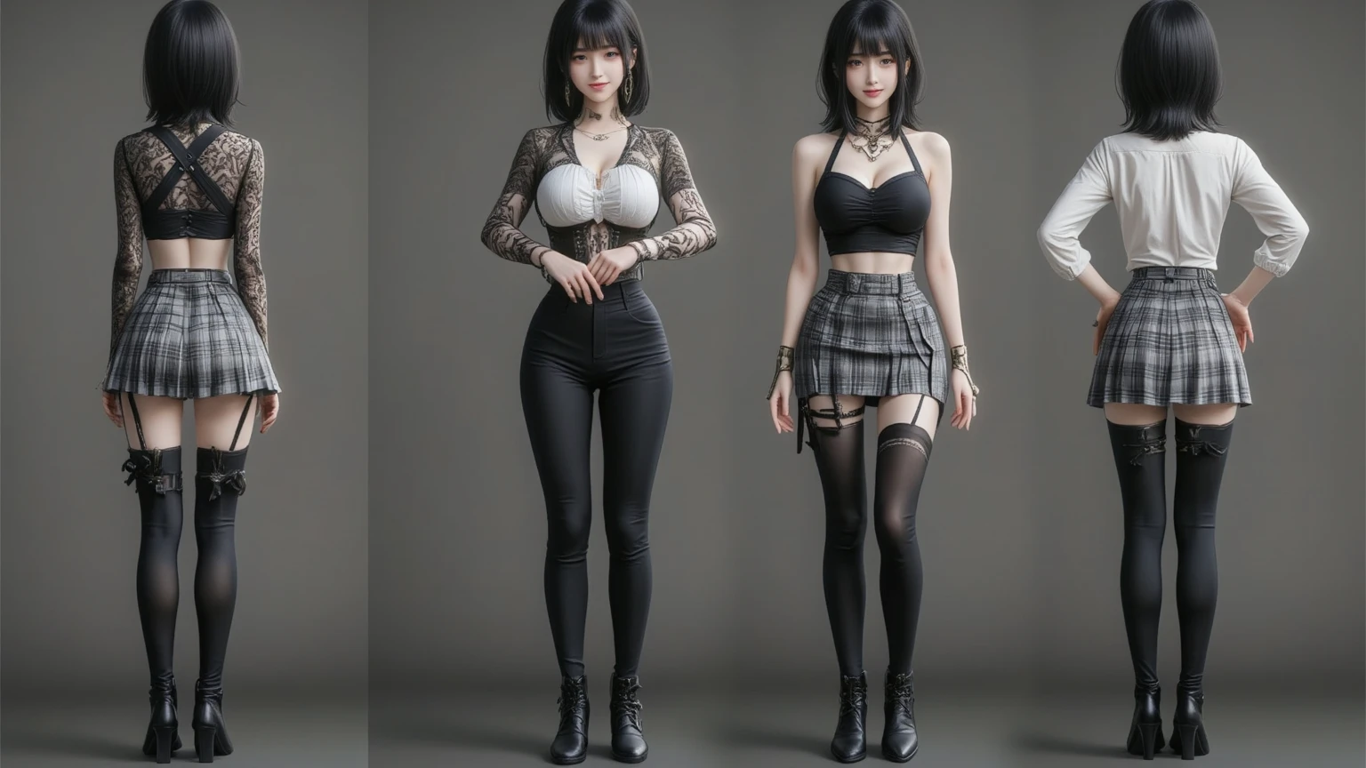 (best quality, masterpiece: 1.1), (realistic: 1.4),1girl, long black hair with bangs, bare shoulders, different poses, sexy look with red lips; different shades of light, clean white background.
