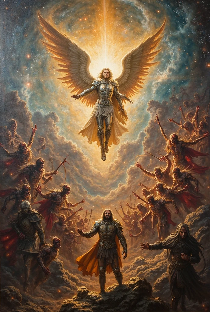 "On a heavenly battlefield, the archangels, liderados por miguel, They confront the dictator&#39;s generals, each surrounded by a dark aura of corruption and evil. miguel, with his shining sword and powerful wings, Leads the attack with unrelenting strength and determination. at your side, Other archangels shine with divine light as they launch themselves towards the generals, who try to defend themselves in vain. Cada golpe de las espadas de the archangels emite una luz cegadora que disipa las sombras que envuelven a los generales, freeing their hearts from darkness. The scene shows an epic struggle between light and darkness., con the archangels triunfando sobre la corrupción."