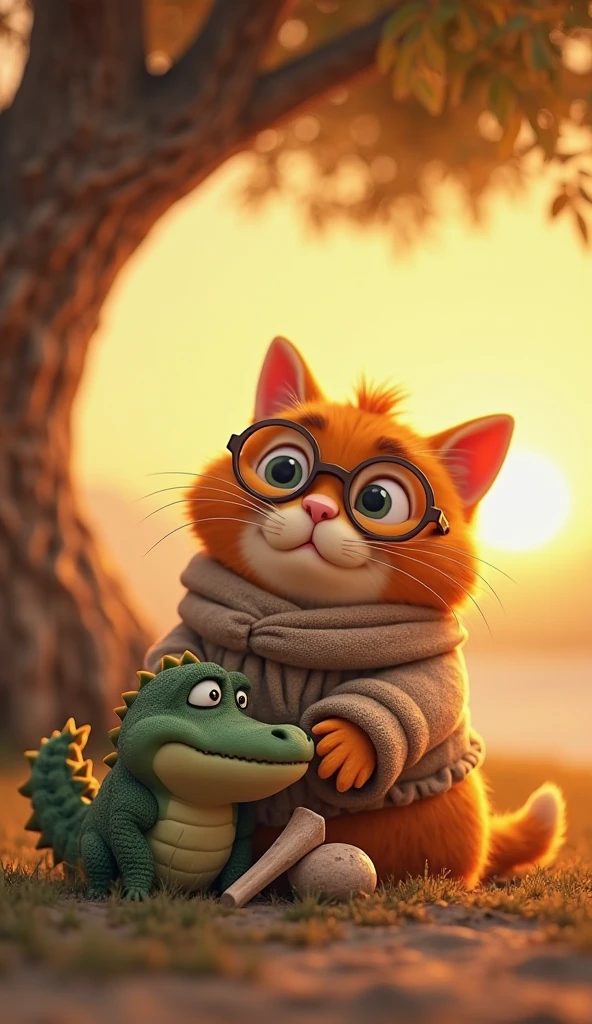 A chubby orange cat wearing a cozy earth-tone sweater and a light scarf, sitting under a big tree with a baby crocodile. The cat has round glasses pushed up on its head, both watching the sunset together. A toy fossil bone lies between them. Warm golden hour lighting, soft focus, peaceful and heartwarming atmosphere, animation film vibe.

