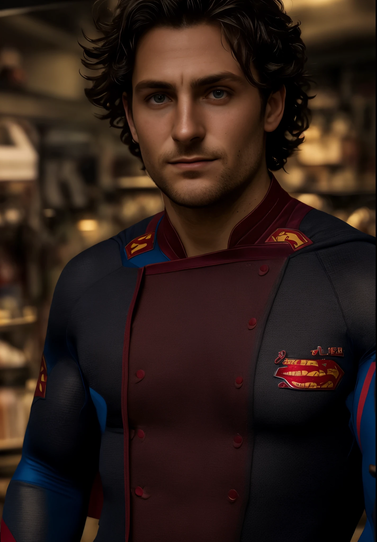 (sharp focus:1.2), (FULLbody:1.3) photo, attractive young man, (handsome face:1.1), detailed eyes, (strong jawline:0.85), (toned body:1.2), (dark hair:1.2), wearing (superman suits:1.2) at a (shop:1.2). (moody lighting:1.2), depth of field, bokeh, 4K, HDR. by (James C. Christensen:1.2|Jeremy Lipking:1.1)