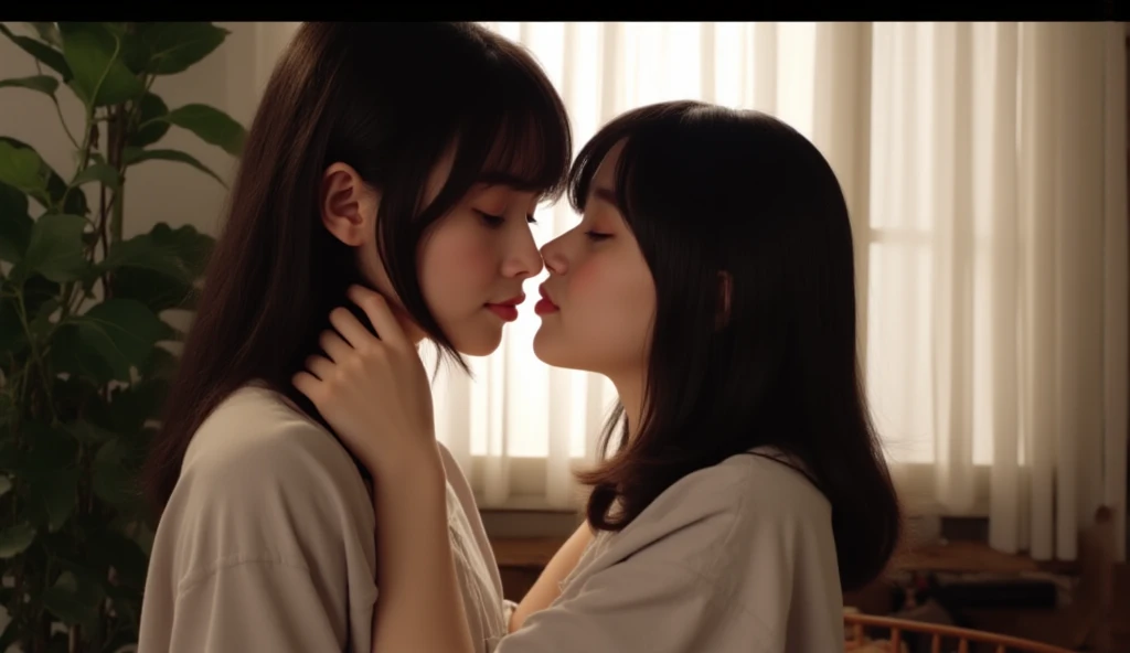 two amazingly beautiful women, kiss passionately, touch your lips, hug me tightly, interpretation, lesbian, In the small bathroom, under the shower, Wet, soaking wet, greedy