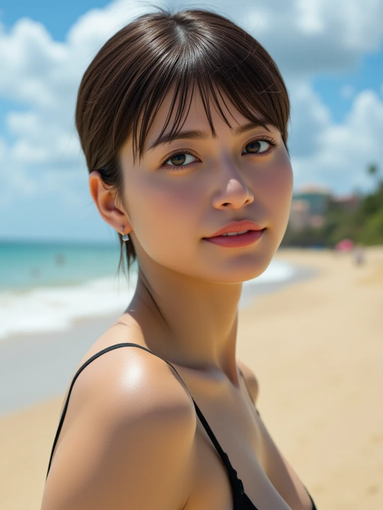(nnlnnx_1985-1987_v1.4 grams:0.5), nnlnnx, short hair, (sharp focus:1.2), portrait, intractive young woman, (beautiful face:1.1), fine eyes, luscious lips, (eye make up:1.2), (toned body:1.2), Wearing (Floral dress:1.2) in (beach:1.2). (morning sun lighting:1.2), Depth of the bounds written, Bokeh, 4k, HDR. by (by James C. Christensen:1.2|Jeremy Lipking:1.1).