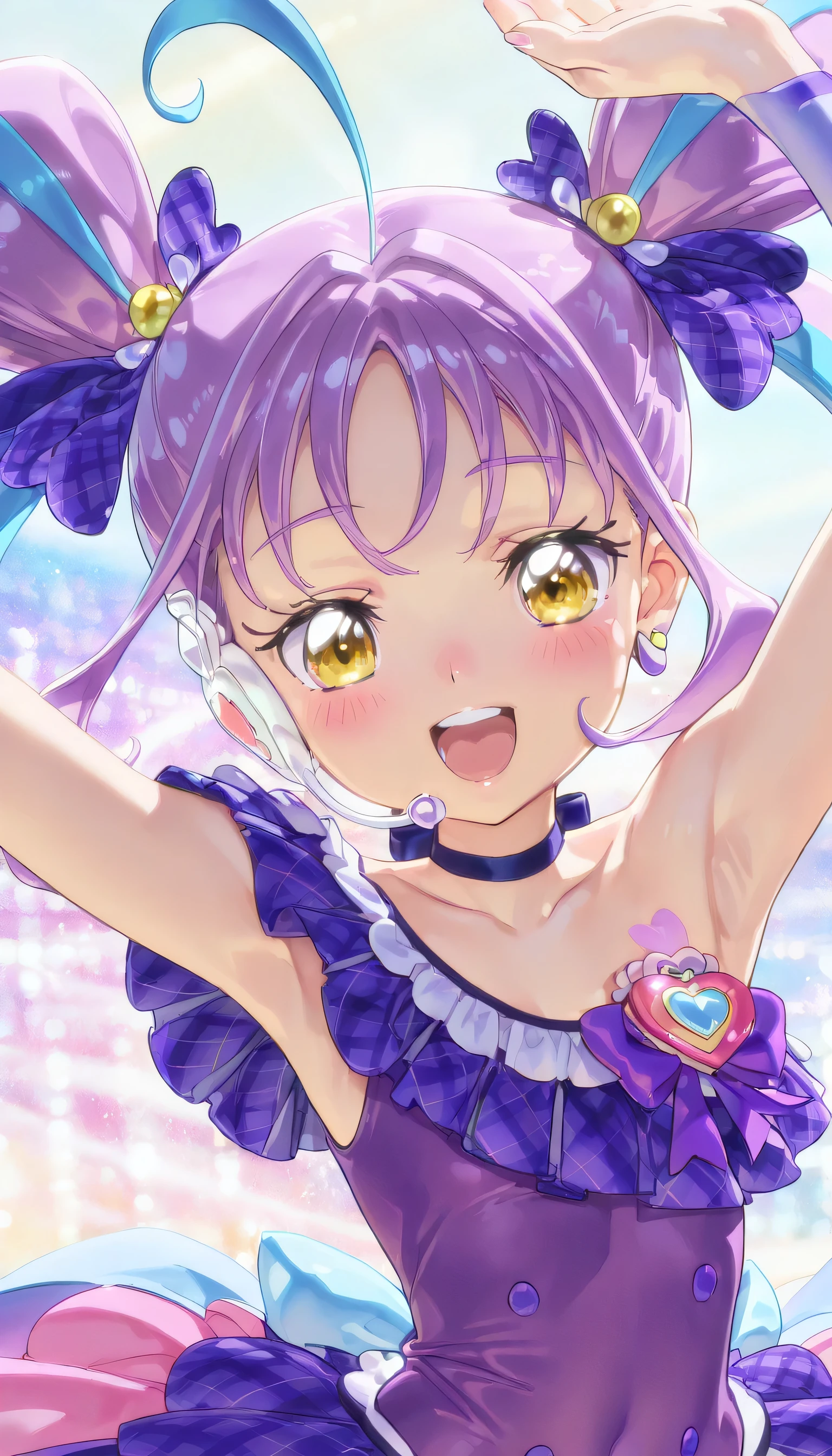 (masterpiece, finely detailed beautiful eyes: 1.2), ultra-detailed, ultra high res, professional lighting, high quality makeup, beautiful detailed eyes, Extremely cute, (extremely detailed beautiful face), (Authentic skin texture:1.4), very aesthetic, latest, scenery (delicate), Volumetric Lighting,  depth of coverage, shiny skin, (dynamic angle for women, front view), (purple idol frilled one-piece type costume:1.4), (cure kyunkyun, kimi to idol precure:1.1), (1 ultra super extremely cute junior high school student girl), (flat chest:1.1), drooping eyes, (blush:1.3), happy, wink, open mouth, (slender body, slender stomach:1.1), long volume hair, armpit focus