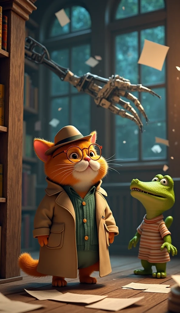 A chubby orange cat wearing a detective trench coat, round glasses, and a hat, standing in a cozy old library at night. Papers and books flying in the air as a robotic claw smashes through the window, grabbing the cat. A small green crocodile, the same size as the cat, in striped pajamas stands behind, eyes wide in shock. Dramatic lighting, cinematic atmosphere, 3D animated style.